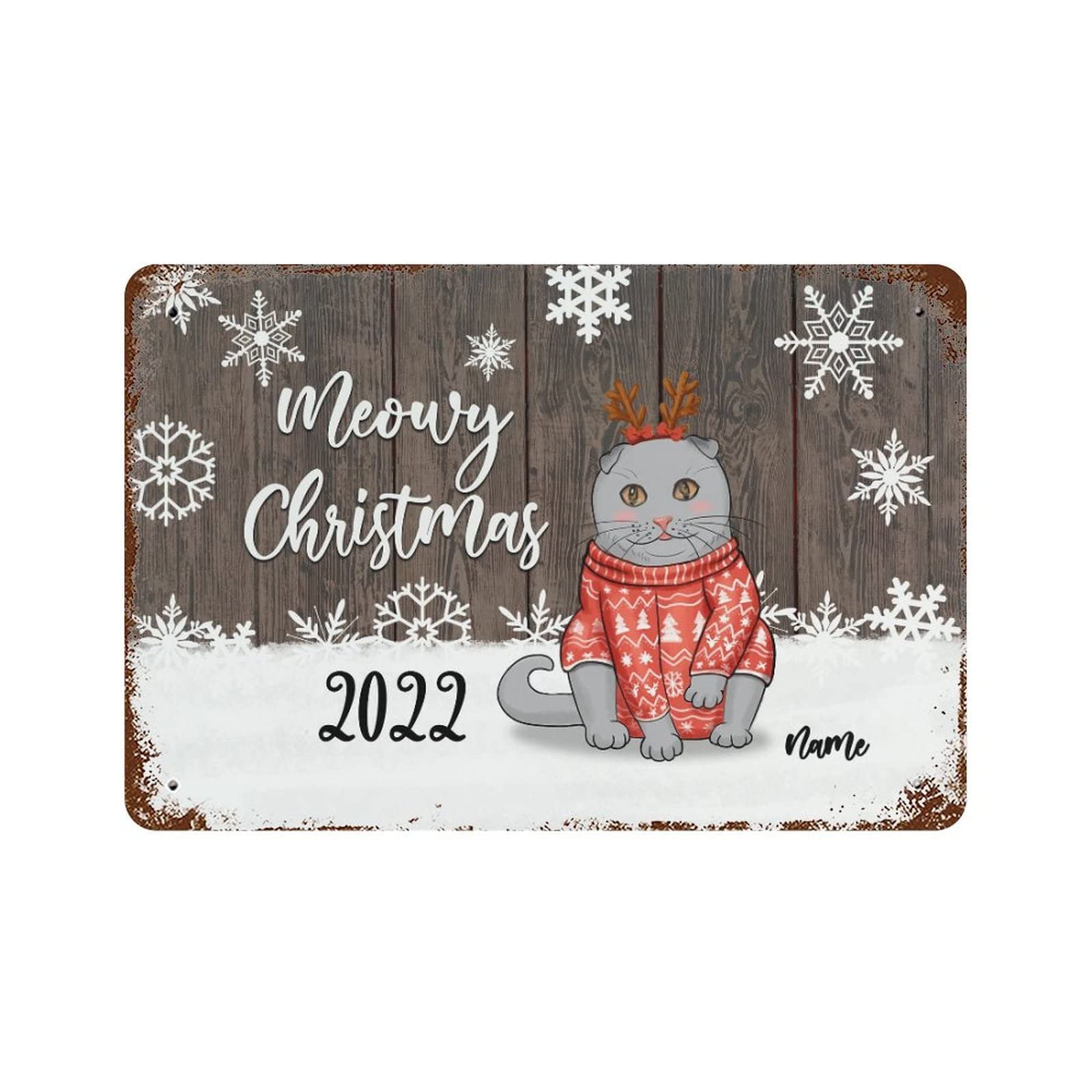 Panneau de Noël chat Meowy en métal vintage déco de jardin 30x45 cm