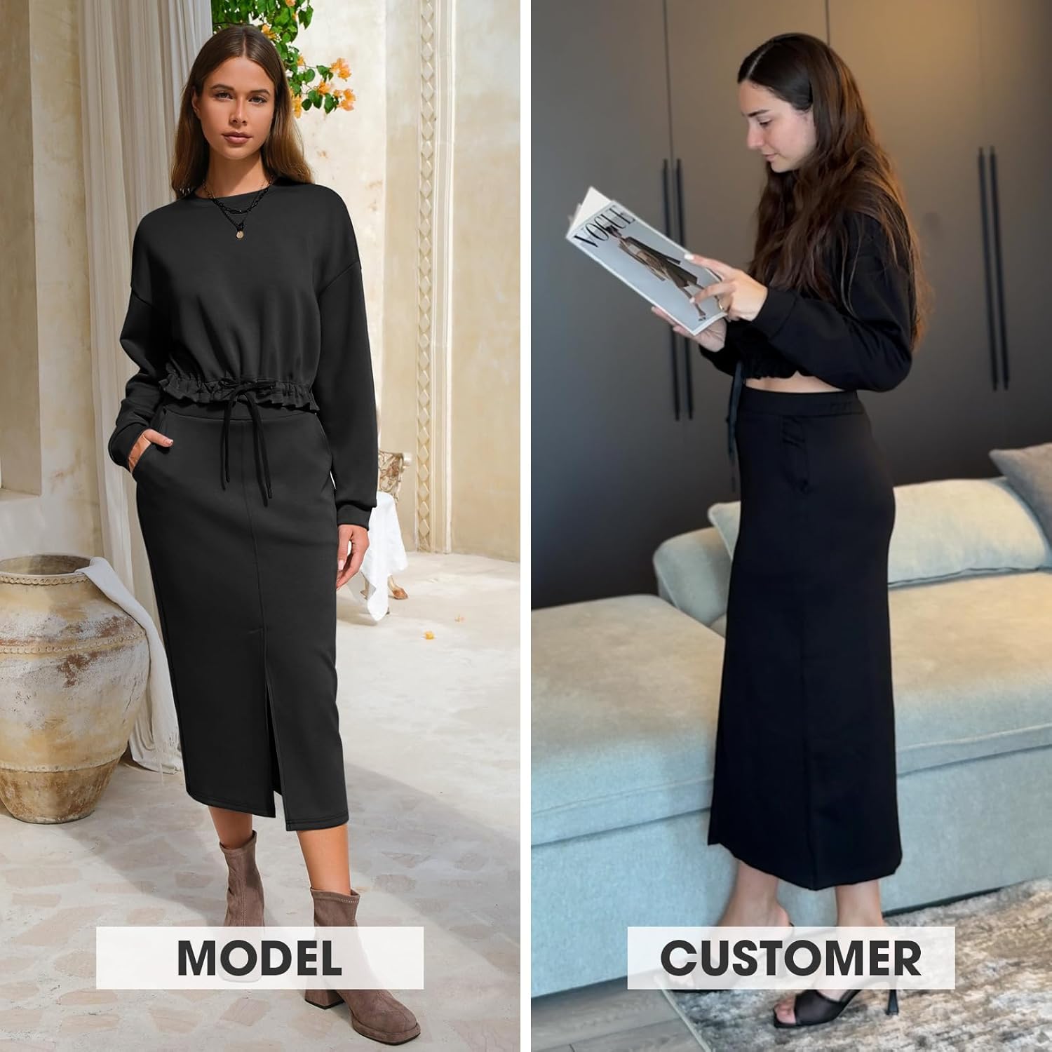 EXLURA Womens 2 Piece Skirts Set Long Sleeve Drawstring Top Midi Skirt Dress Lounge Sets Airport Travel Cruise Outfits 2026 - Image 3