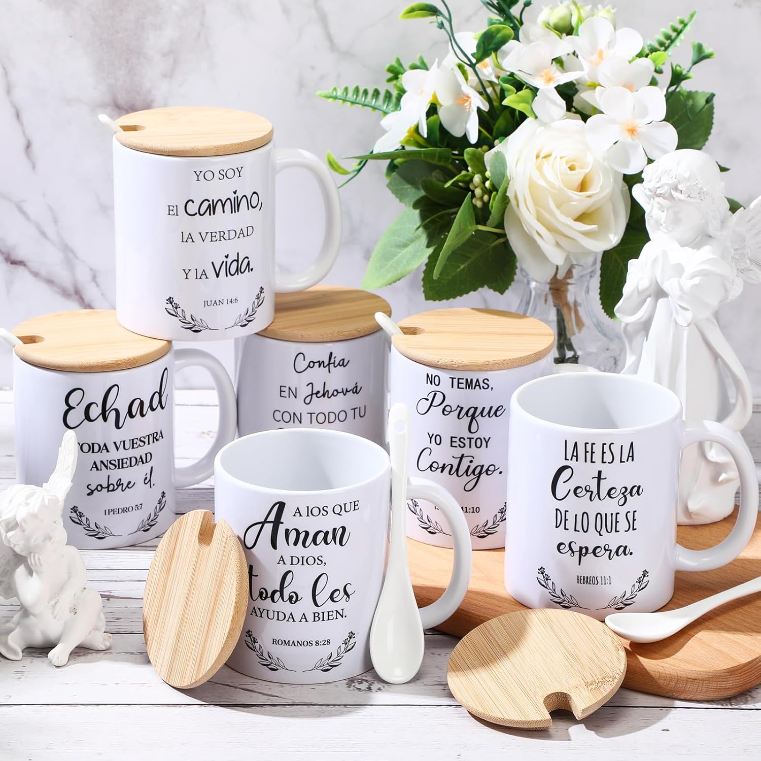 Maxdot 6 Sets Christian Mugs for Women Bulk Inspirational Religious Gifts Bible Verse Coffee Mug 12oz Ceramic Cup Lid Handle Spoon Spiritual Gift Sunday School Christian Party Favor(Spanish) - Image 3