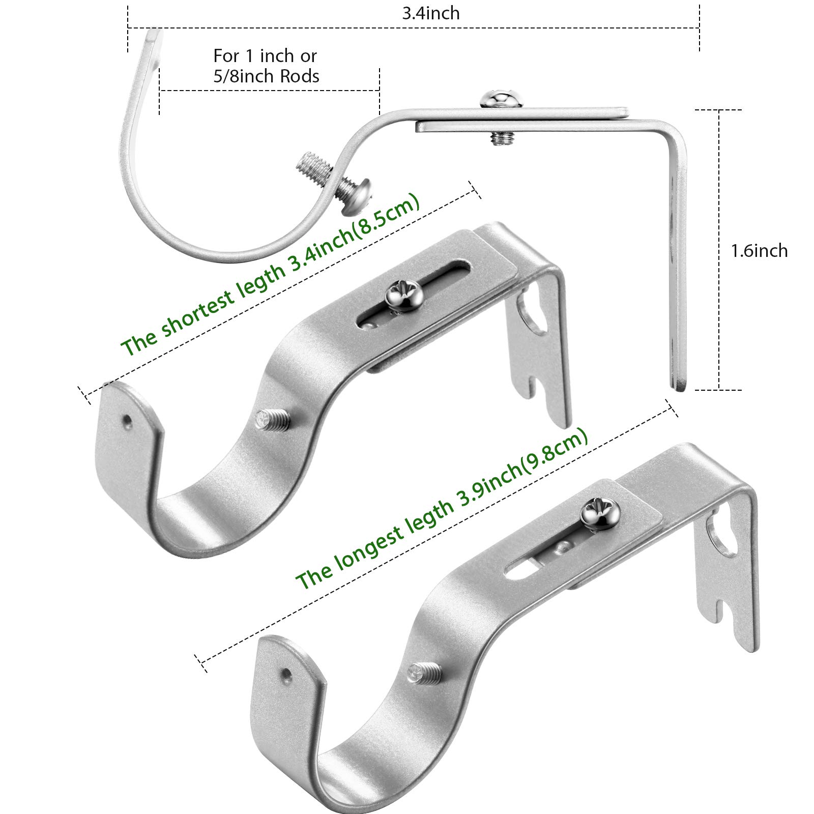 Frienda 6 paia di staffe per asta per tende regolabili generali per aste per tende, ganci da parete, per esterni, con viti per asta per tende da 2,5 cm di diametro (argento opaco)