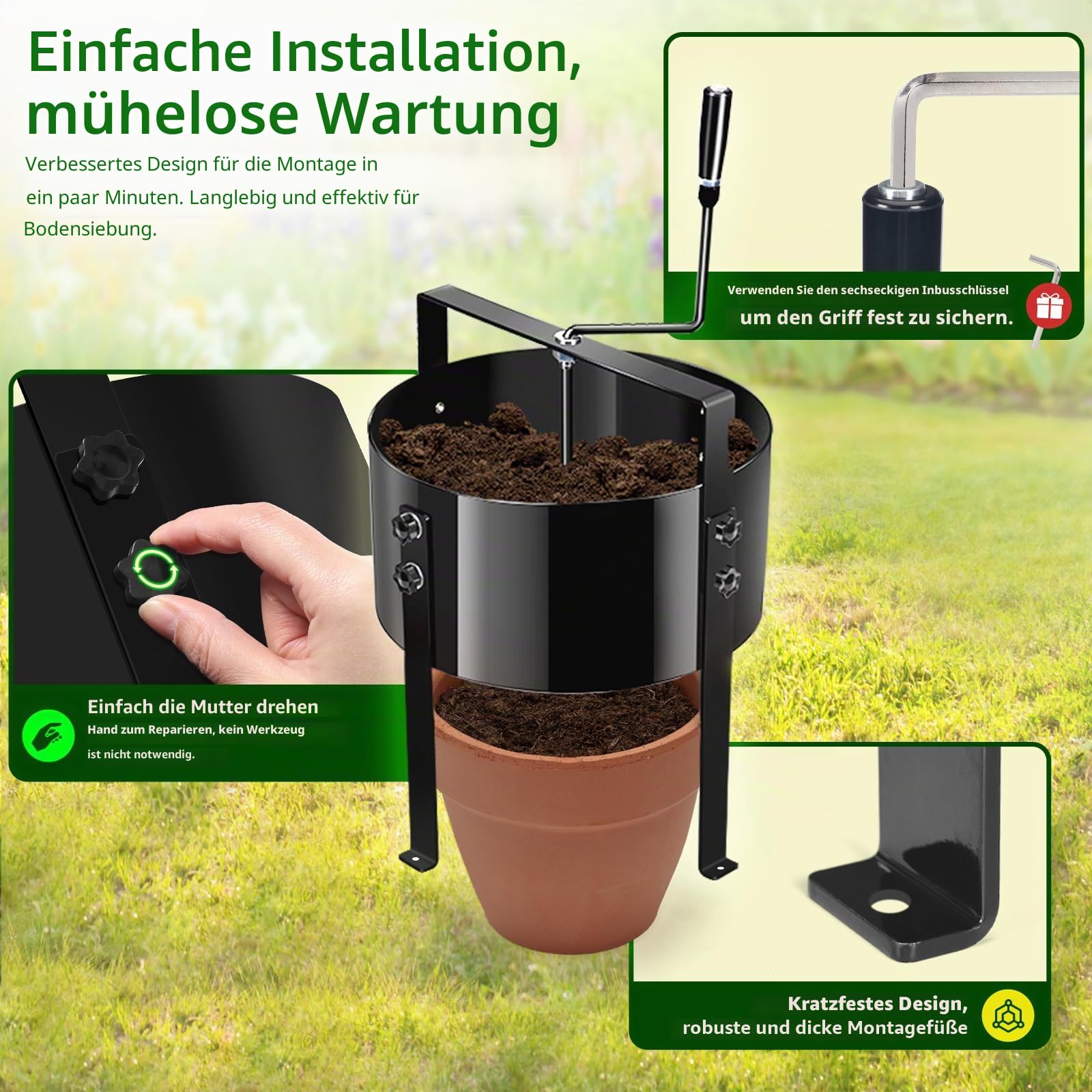 Manueler rotierender verbesserter Gartensieb, Kompostsieb, 13 Zoll Maschenfilter mit 4 austauschbaren Sieben (3/6/9/12 mm), Gartensieb, modernes rotierendes Gartensieb