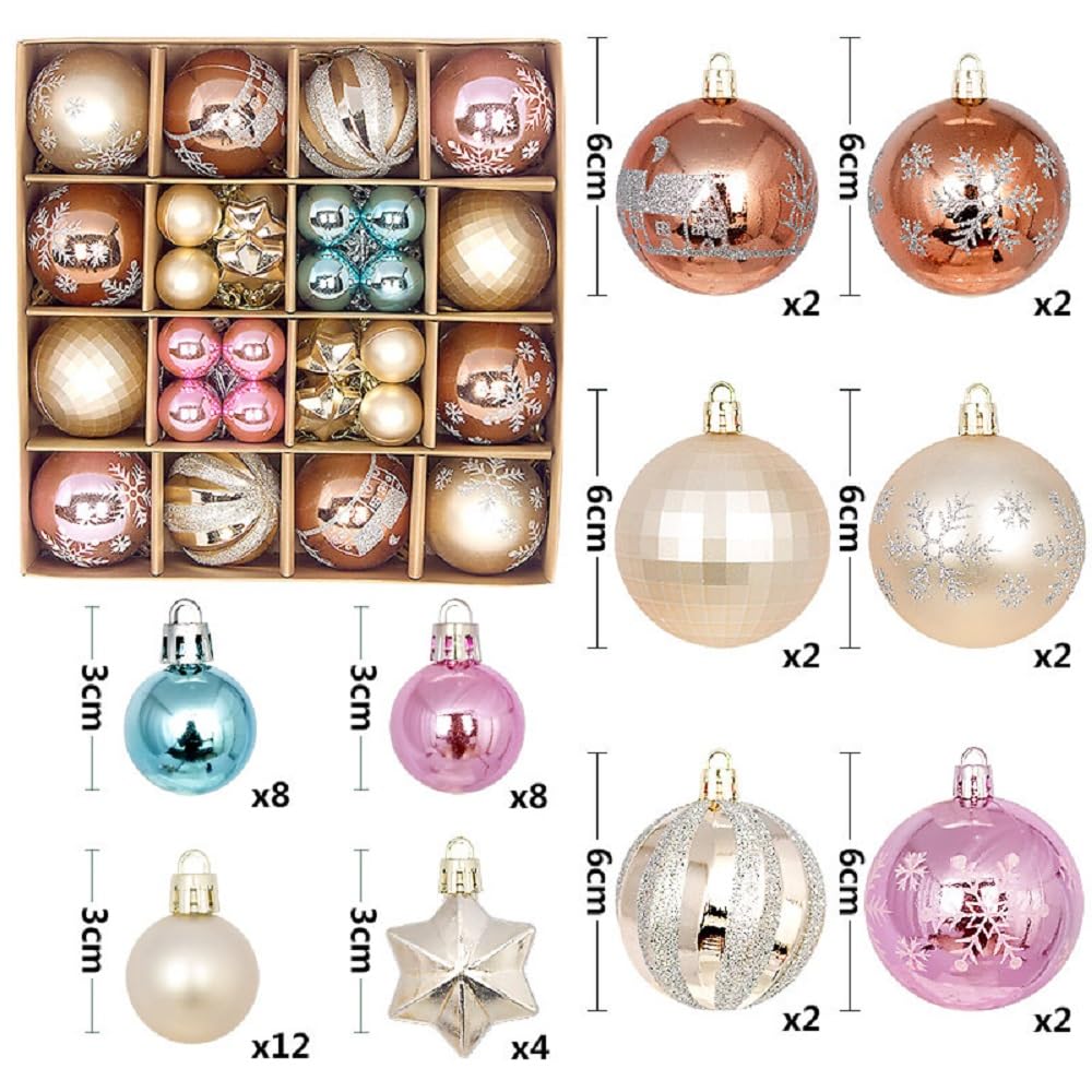 44 esferas de Navidad para árbol de Navidad, decoraciones de árbol de Navidad, esferas colgantes para decoración de vacaciones, bodas, fiestas (champán, café-rosa)