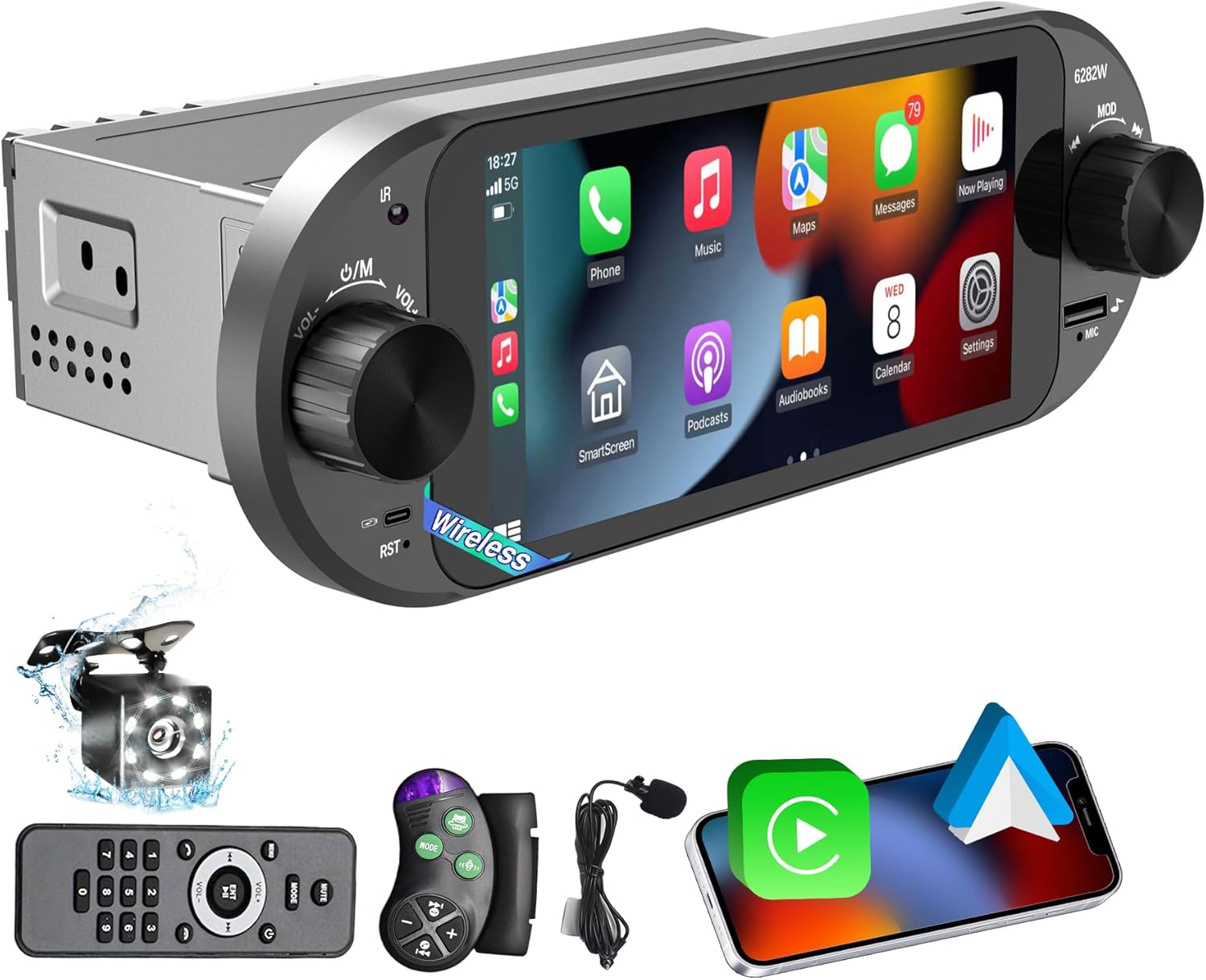 6" Wireless CarPlay & Android Auto Single Din Car Stereo, Oval Touchscreen Radio with Dual Knobs, Bluetooth 5.2, AM/FM, 20-Band EQ, 18–38W Fast Charging, USB & Type-C