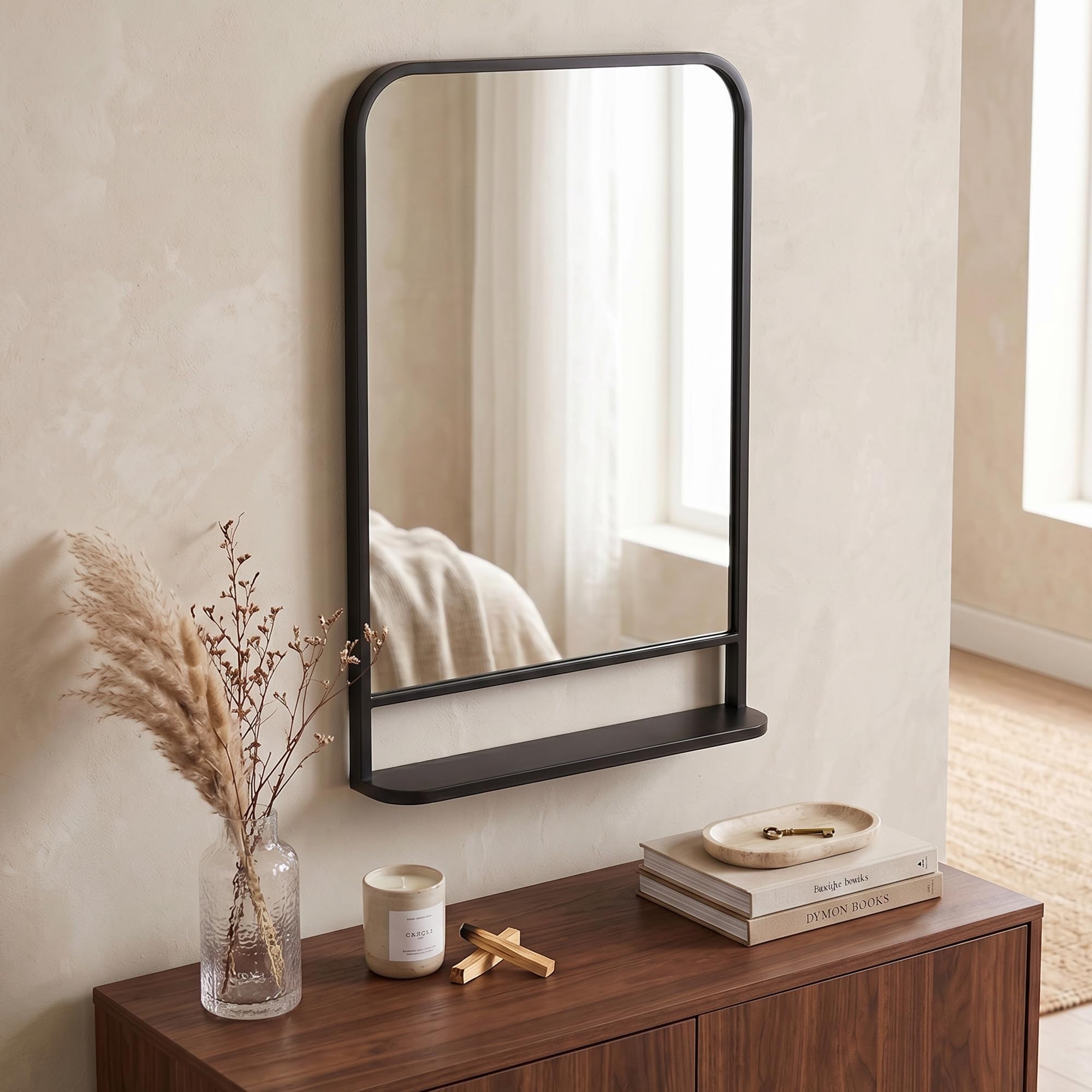 Homcom Black Square Wall Mirror With Shelf, 70X50 Cm Modern Mirrors For Living Room, Bedroom In | Size: Large