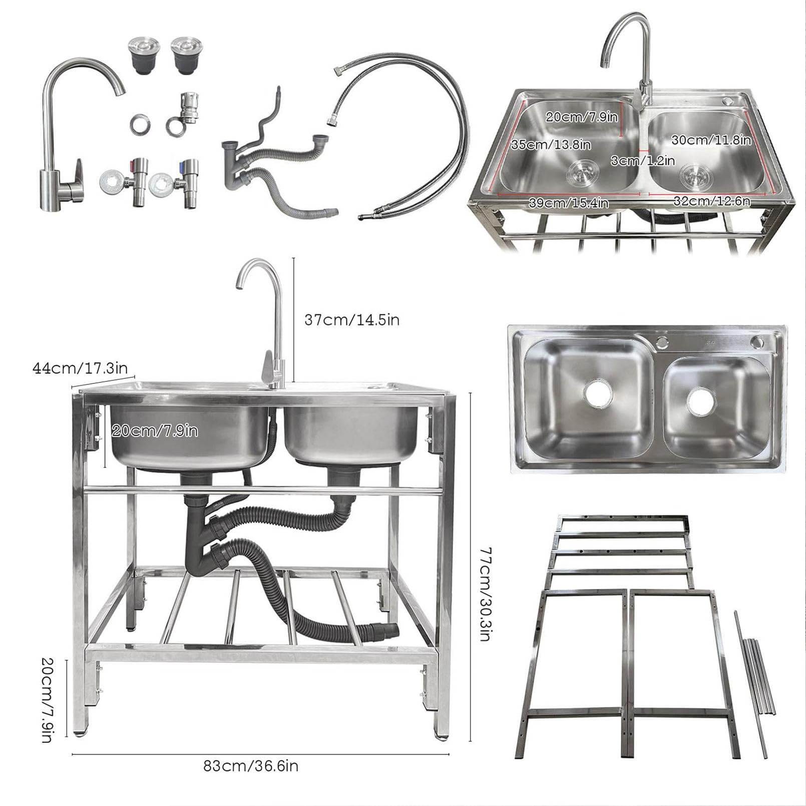 Lavello Multiuso a Doppia Vasca, Set lavello da Cucina Professionale in Acciaio Inox, autoportante per Esterni con Tubi di Scarico, Doppio gocciolatoio per lavastoviglie, per Risto
