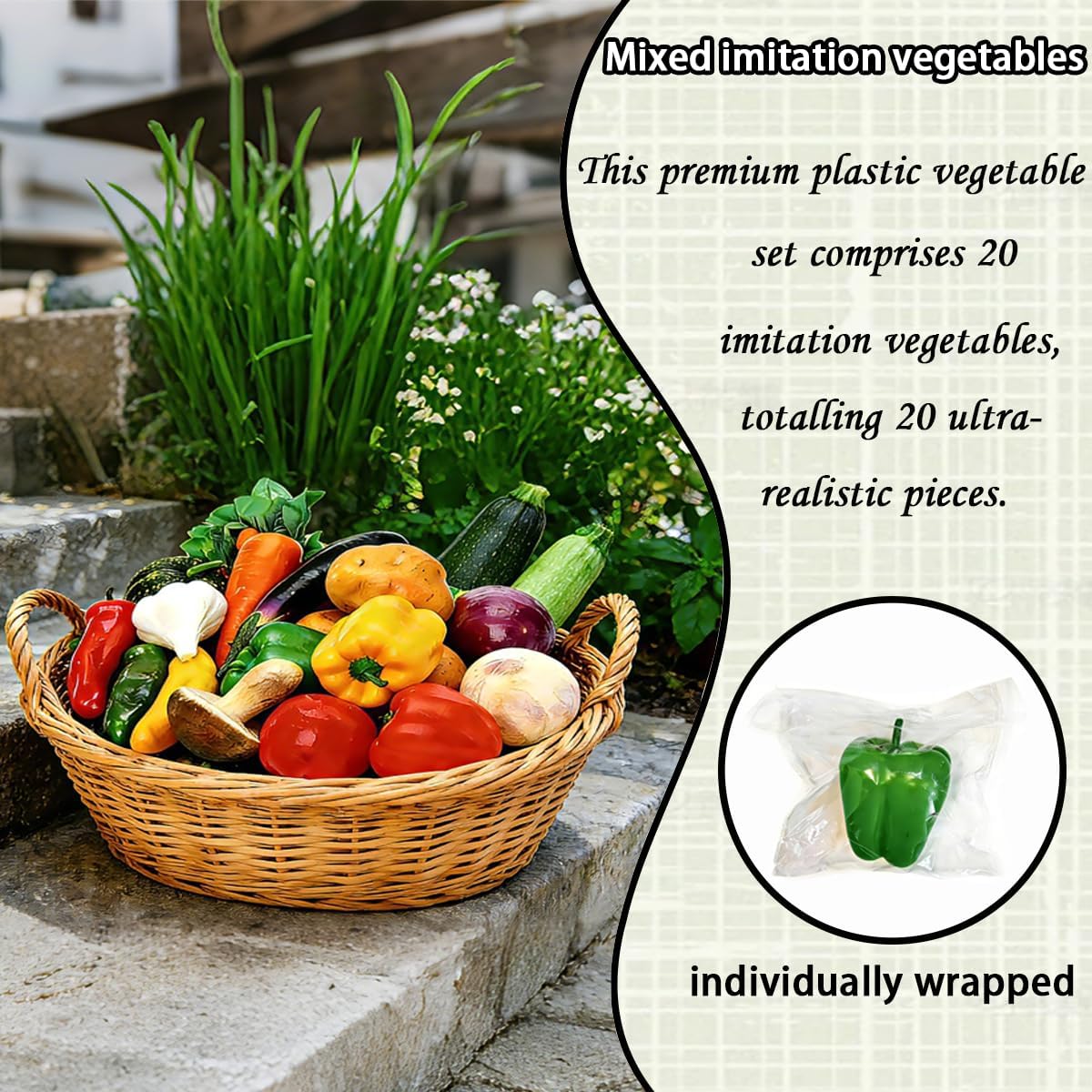 Fake Vegetables Set 20 Pieces,20 Kinds Realistic Plastic Vegetables,Artificial Fruits Model for Decoration,Fake Vegetable for Home Decor, Kitchen Styling, Parties,and Festivals Photo Props