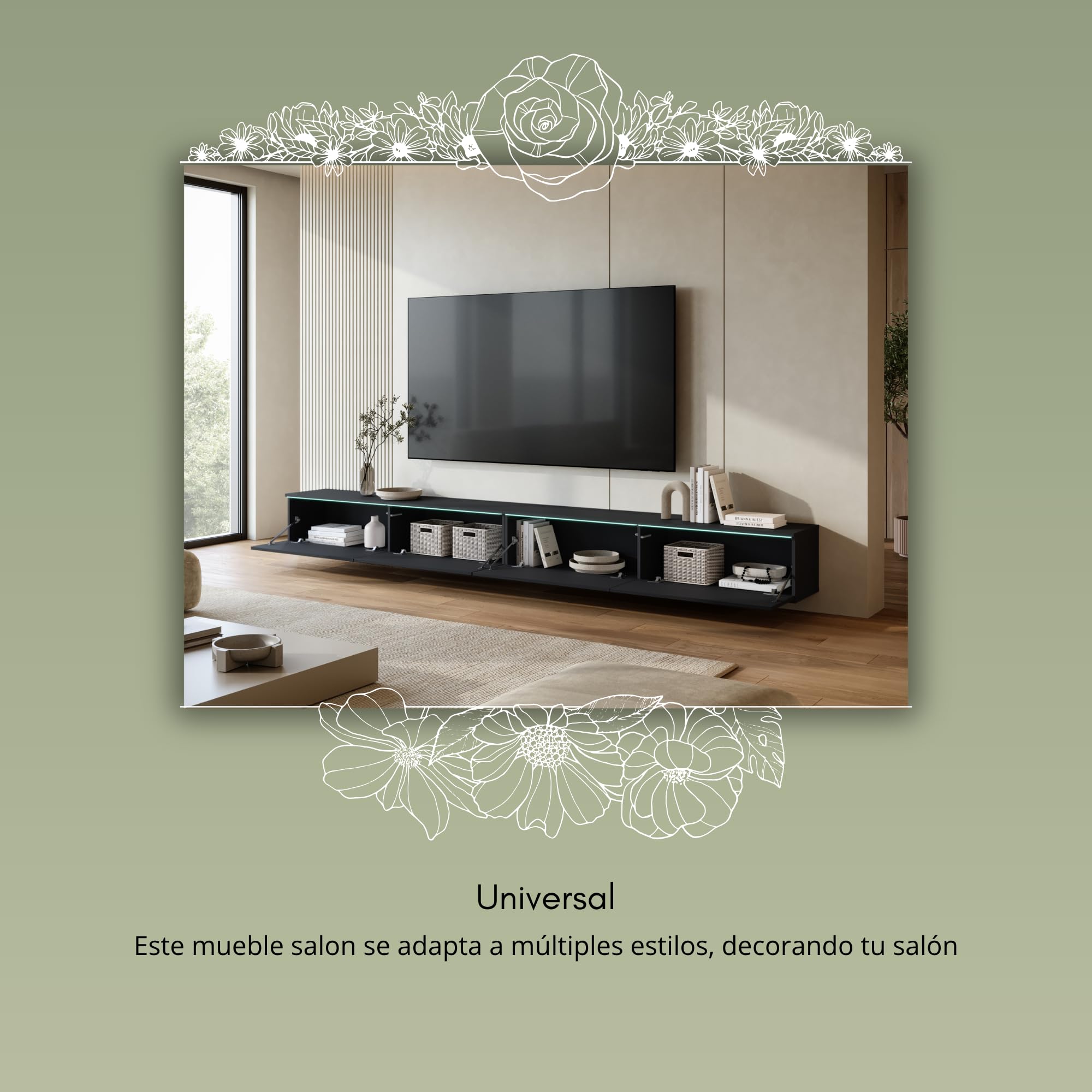 Mueble TV Salon de 4 Puertas con LED - Largo de 300 cm - Mueble Television en Estilo Moderno - Mesa TV para Salón, Comedor, Dormitorio - Mesa de Televisión Salón