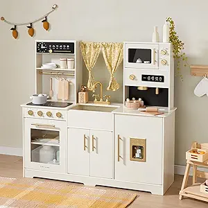 Tiny Land Play Kitchen for Kids, Toy Kitchen Set with Plenty of Play Features, New Modern Kids Wooden Play Kitchen Designed in Trendy Home Style with Curtains, Gift for Ages 3+
