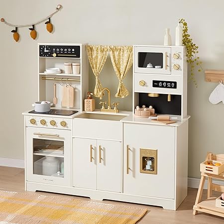 Tiny Land Play Kitchen for Kids, Toy Kitchen Set with Plenty of Play Features, New Modern Kids Wooden Play Kitchen Designed in Trendy Home Style with Curtains, Gift for Ages 3+