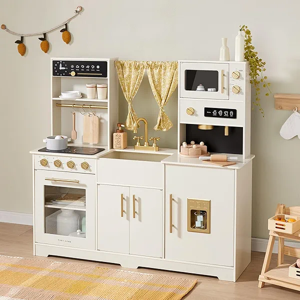 Tiny Land Play Kitchen for Kids, Toy Kitchen Set with Plenty of Play Features, New Modern Kids Wooden Play Kitchen Designed in Trendy Home Style with Curtains, Gift for Ages 3+ White Play Ki