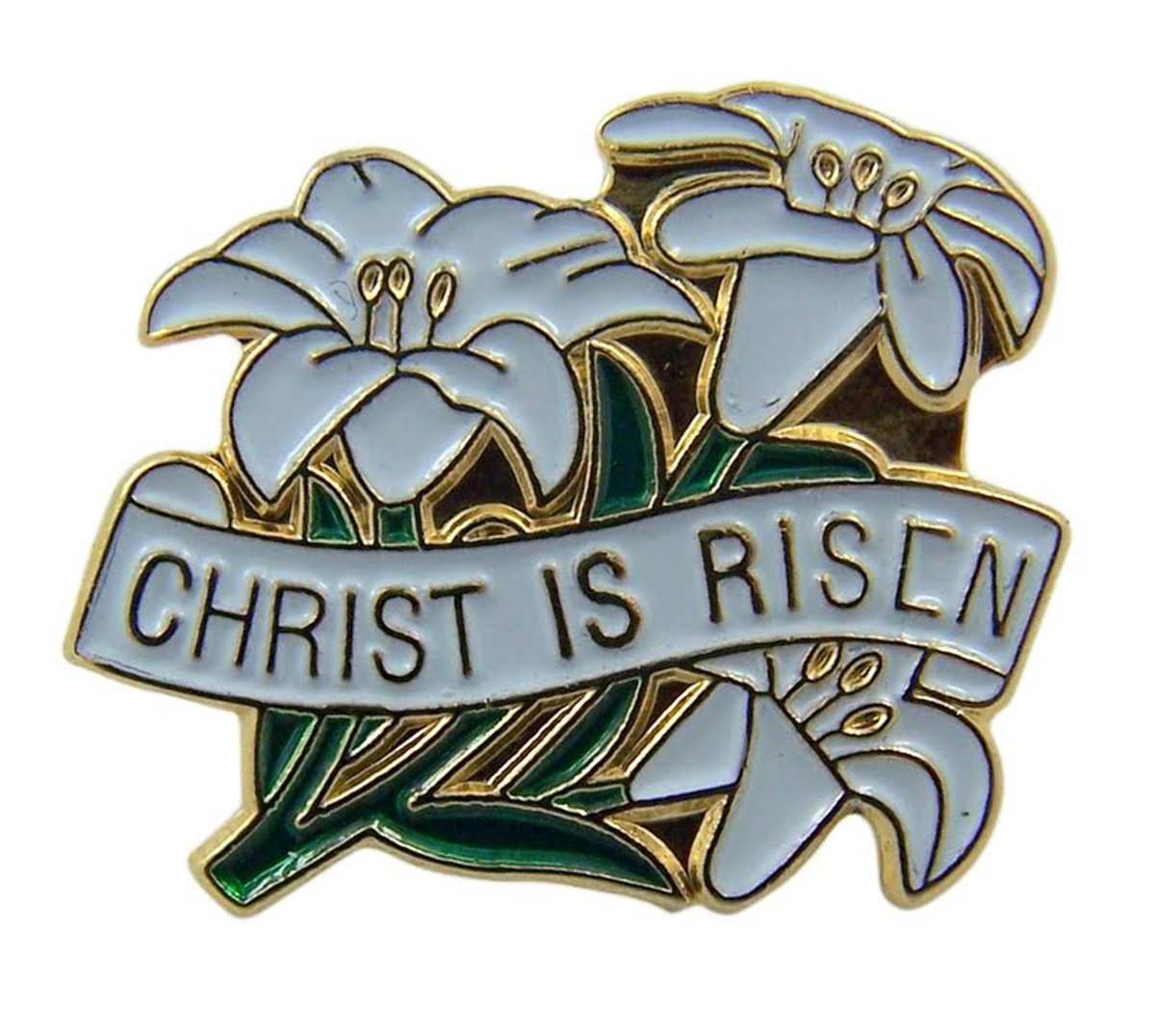 Religious Lapel PinsGold Tone and White Enamel Easter Lily Christ is Risen 3/4 Inch