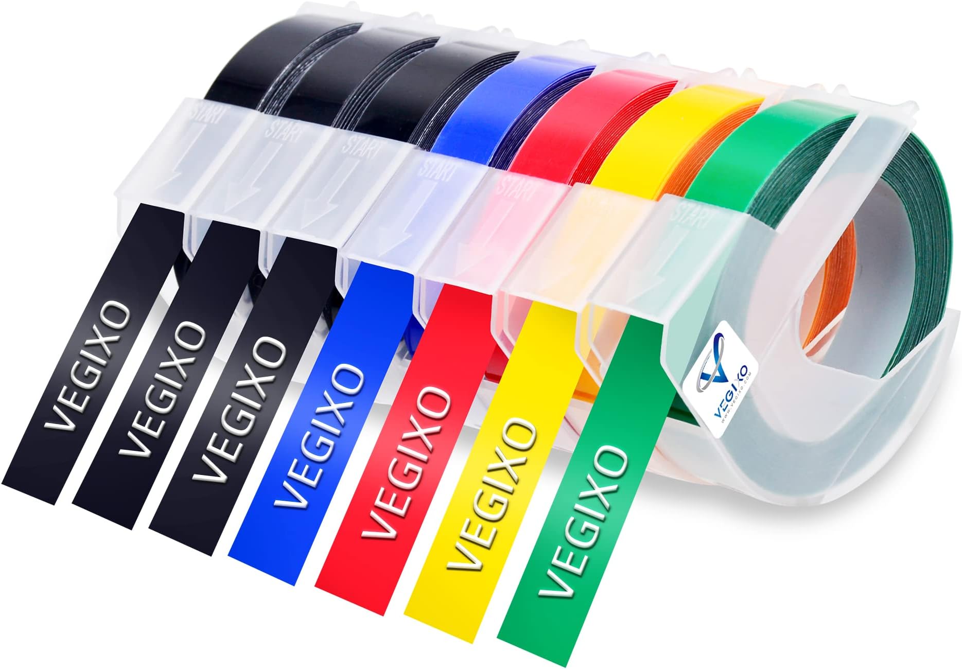 VEGIXO 3D Embossing Label Tape -9mmX3m Pack of 7 -White on Blue/Black/Red/Green/Yellow, Compatible for Dymo Omega Junior/Organizer Xpress Embossing Label Makers