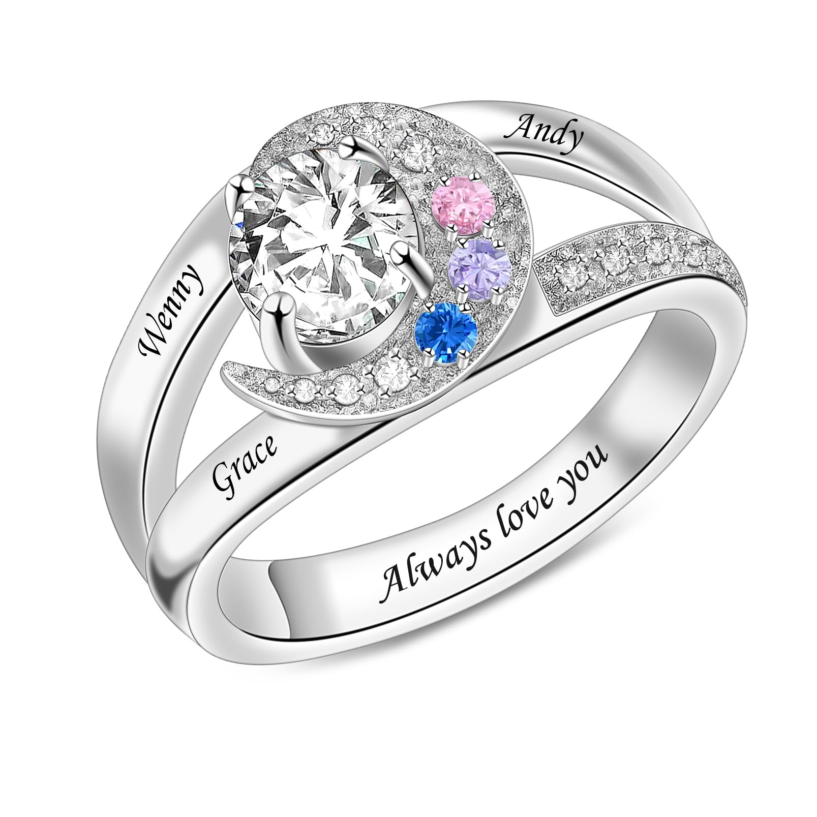 BABOOM Personalized Birthstone Rings for Women Customized Mothers Ring with 1-8 Simulated Birthstones Engraved Family Names Ring Custom Mom Rings