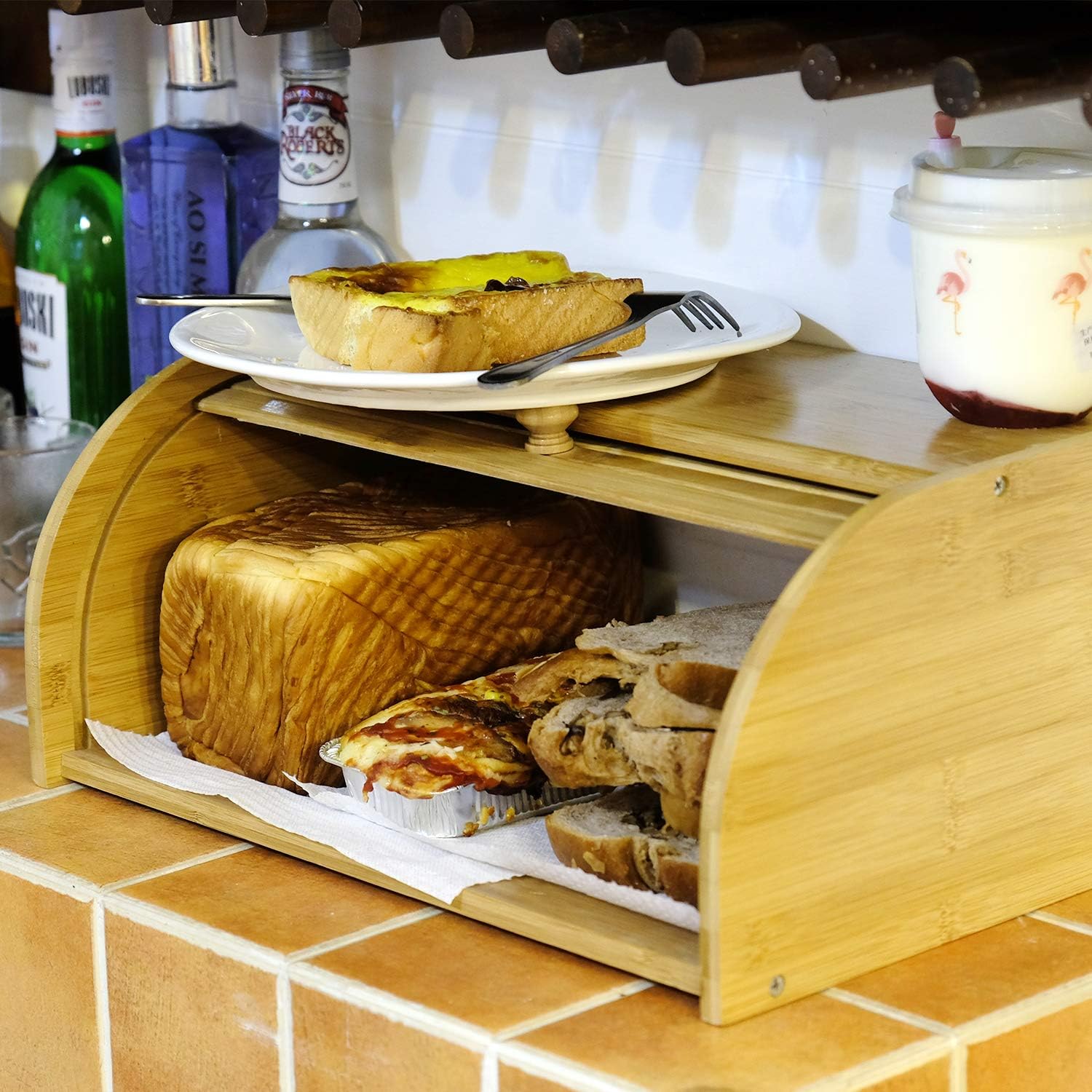 Bamboo Bread Box - Countertop Bread Storage Bin - Rolltop Breadbox - Bread Boxes for Kitchen Counter Large Capacity Bread Keeper,15.8"x 10.8"x 6.8"