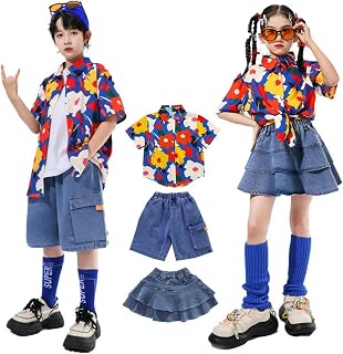 [Raineed] ダンス衣装 キッズ セットアップ ヒップホップ 花柄シャツ デニムパンツ スカート 派手 カラフル 男の子 女の子 K-POP 演出服 発表会 夏 110-170cm