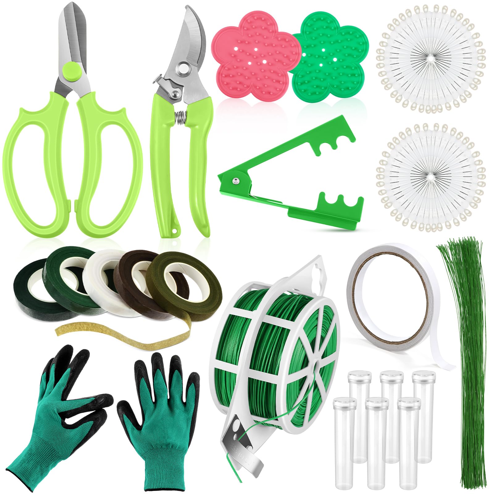 WILLBOND - 121 Pcs Flower Arrangement Tools Set Pink Thorns Remover Tree Pruning Shears 22/26 Gauge Stem Stem Pearls Gift for Women Mother's Day (Green)