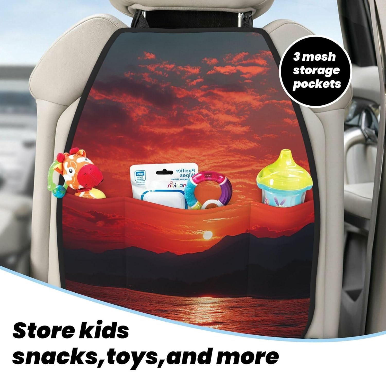 Fiery red Sunset Kick Mats with Organizer - 2 Pack Backseat Protector, Personalized Anti-Kick Storage Mat for Car Seats, Heavy Duty Waterproof Backseat Car Organizer Decor Accessories