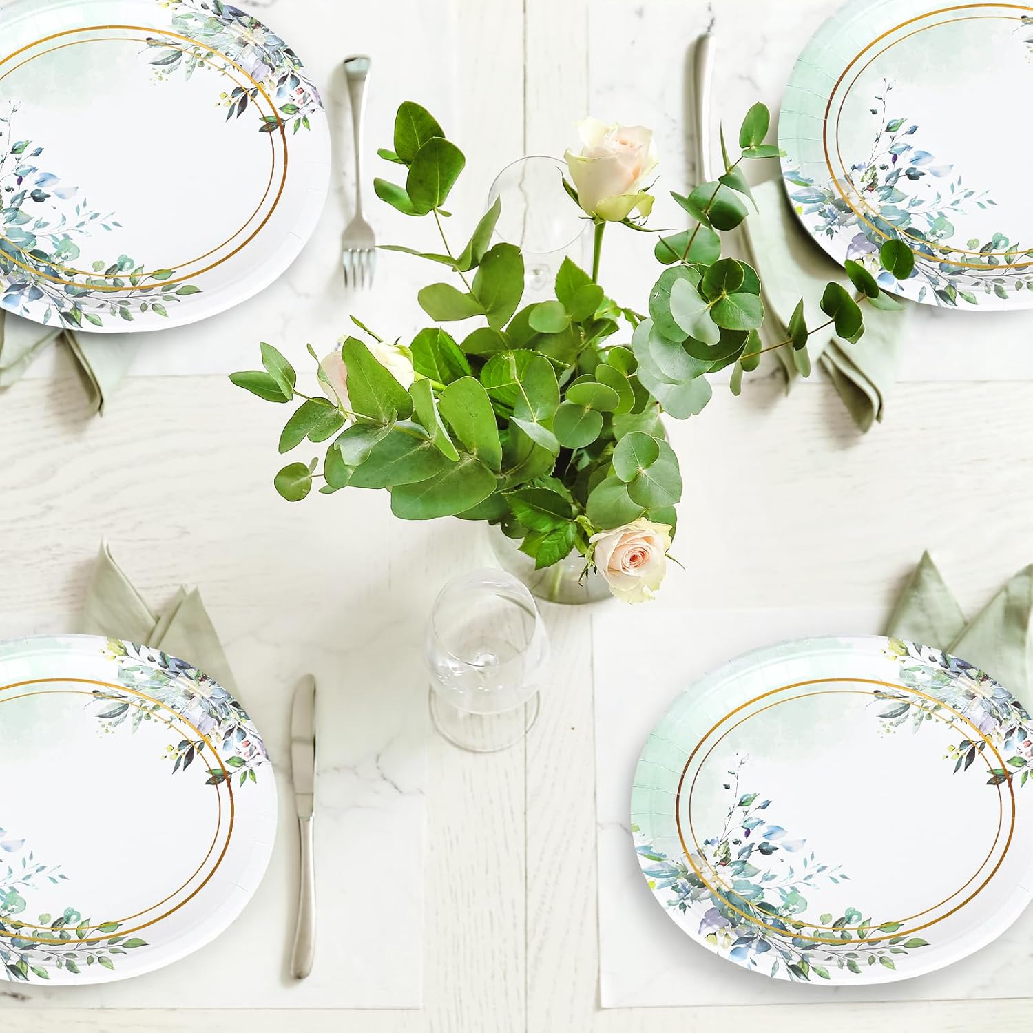 50 Pcs Greenery Oval Paper Plates Green Eucalyptus Leaves Disposable Plates 12 x 10 Inch Watercolor Tableware Plates for Wedding Birthday Baby Shower Party Supplies - Image 6