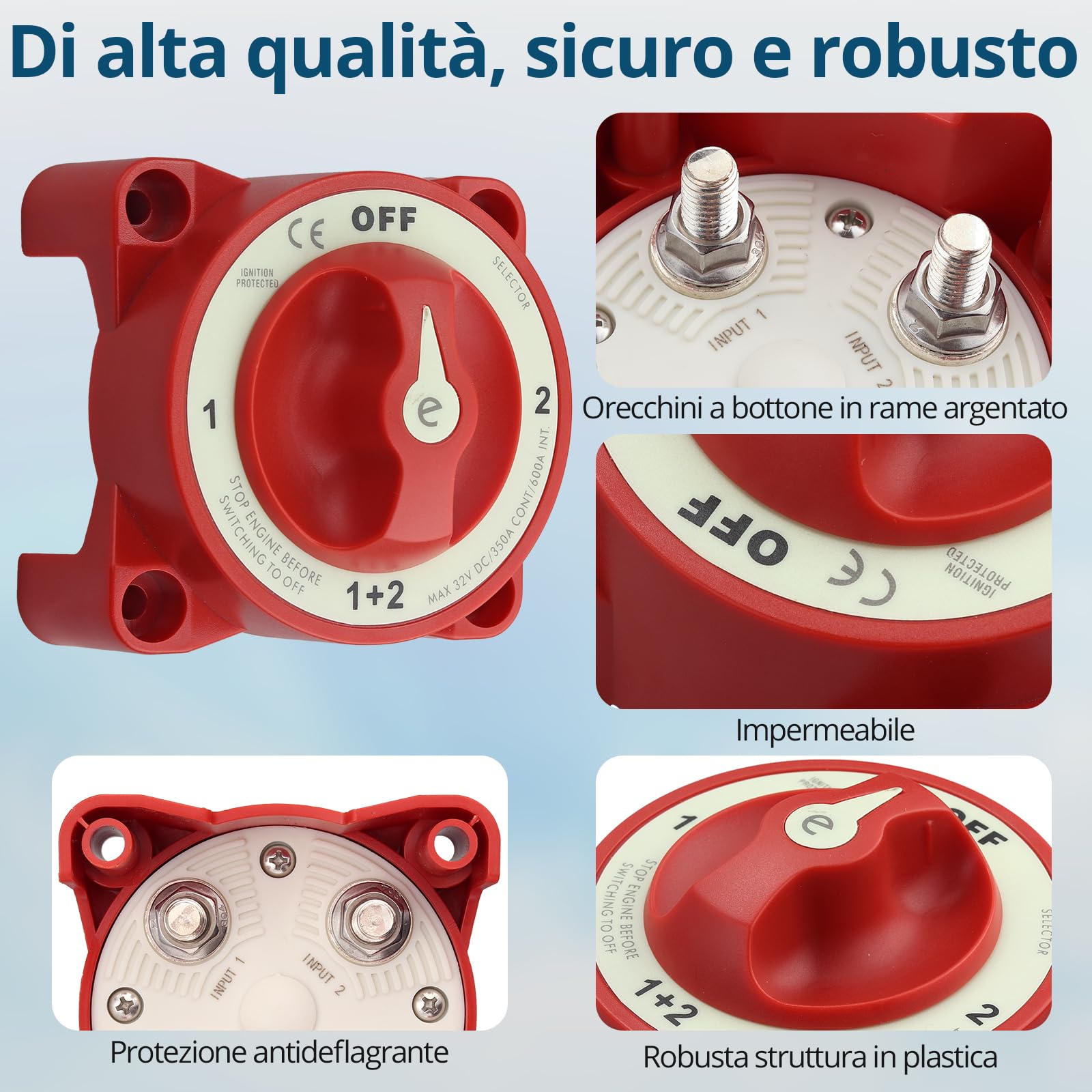 Interruttore Stacca Batteria 12V 24V 32V 350A per Auto, Camper, Barca, Selettore Staccabatteria On/Off 4 Posizioni, Nucleo in Rame Argentato, Impermeabile IP65, Adatto al Bullone M10