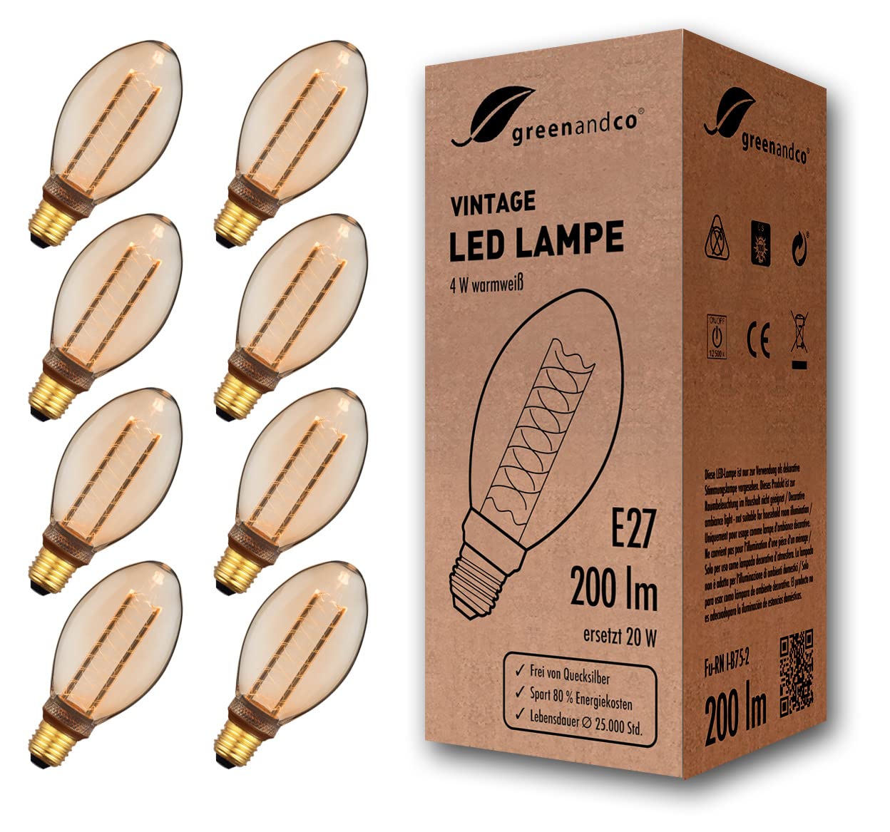 greenandco 8X Decorative LED Vintage Light Bulb | E27 B75 | Amber | 4W 200lm | 1800K Extra Warm White | 320° | 230V | Flicker Free | Not Dimmable — image 1