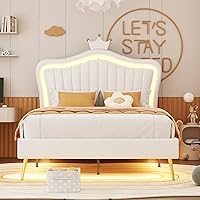 Vista 17 de Linique Base de cama tapizada de tamaño matrimonial con luces LED, moderna cama de princesa tapizada con cabecera corona, blanco y rosa