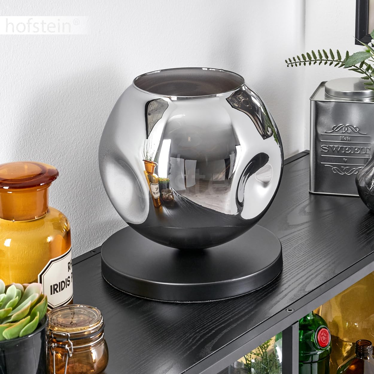 Tischleuchte Ripoll, Tischlampe aus Metall/Glas in Schwarz/Chromfarben, Leuchte im modernen Retro/Vintage-Design mit Schirm aus Glas (Ø 25 cm) u. An/-Auschalter am Kabel, 1 x E27, ohne Leuchtmittel