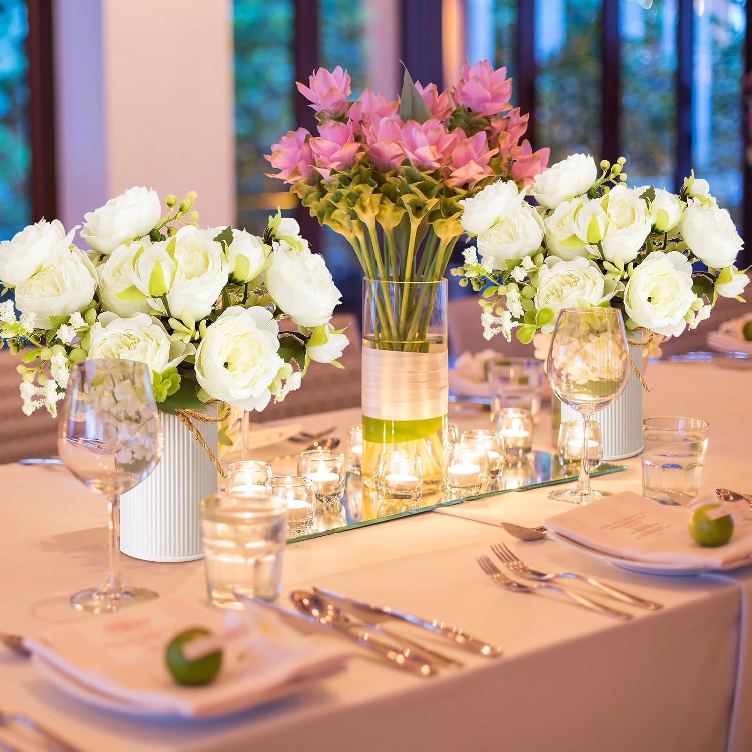 6 Sets Artificial Peonies Flower Peony Bouquet with Galvanized Metal Pot Silk Fake Peonies Faux Flower Arrangements for Wedding Table Centerpiece Party Home Room (White) - Image 6