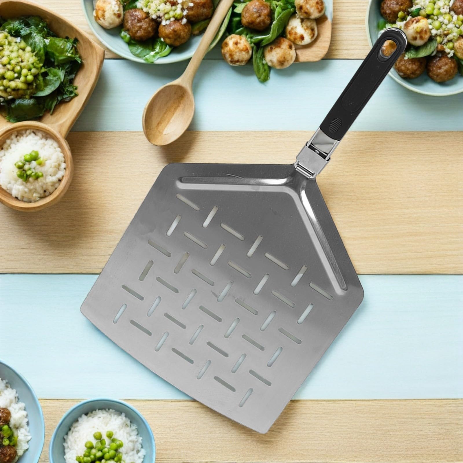 Toyvian Klappbarer Perforierter Pizzaschieber aus Edelstahl mit Rutschfestem Griff Multifunktionale Pizzaschaufel für Selbstgebackenes Brot Praktisches Outdoor backzubehör