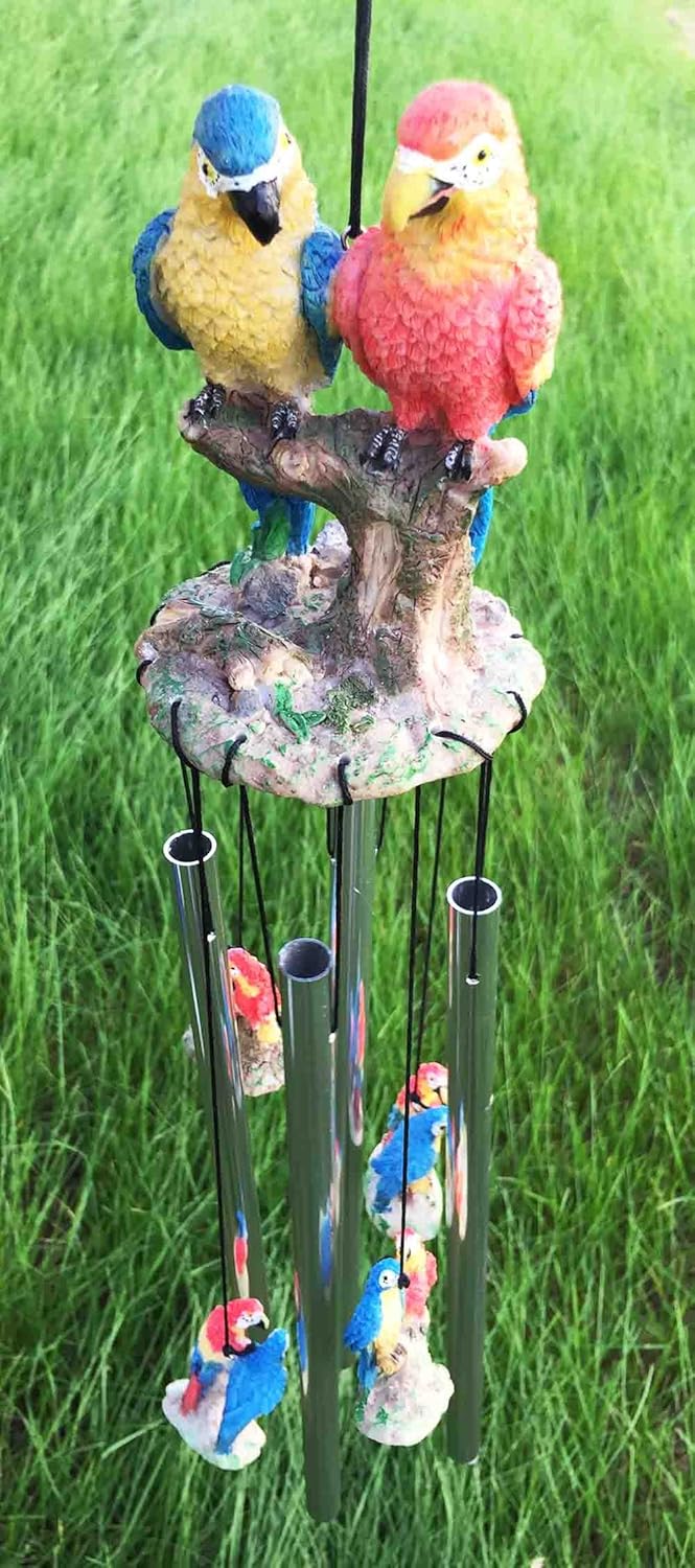 Ebros Gift Red and Blue Scarlet Macaw Parrots Couple Resonant Relaxing Wind Chime Patio Parrot Birds Decorative Accent