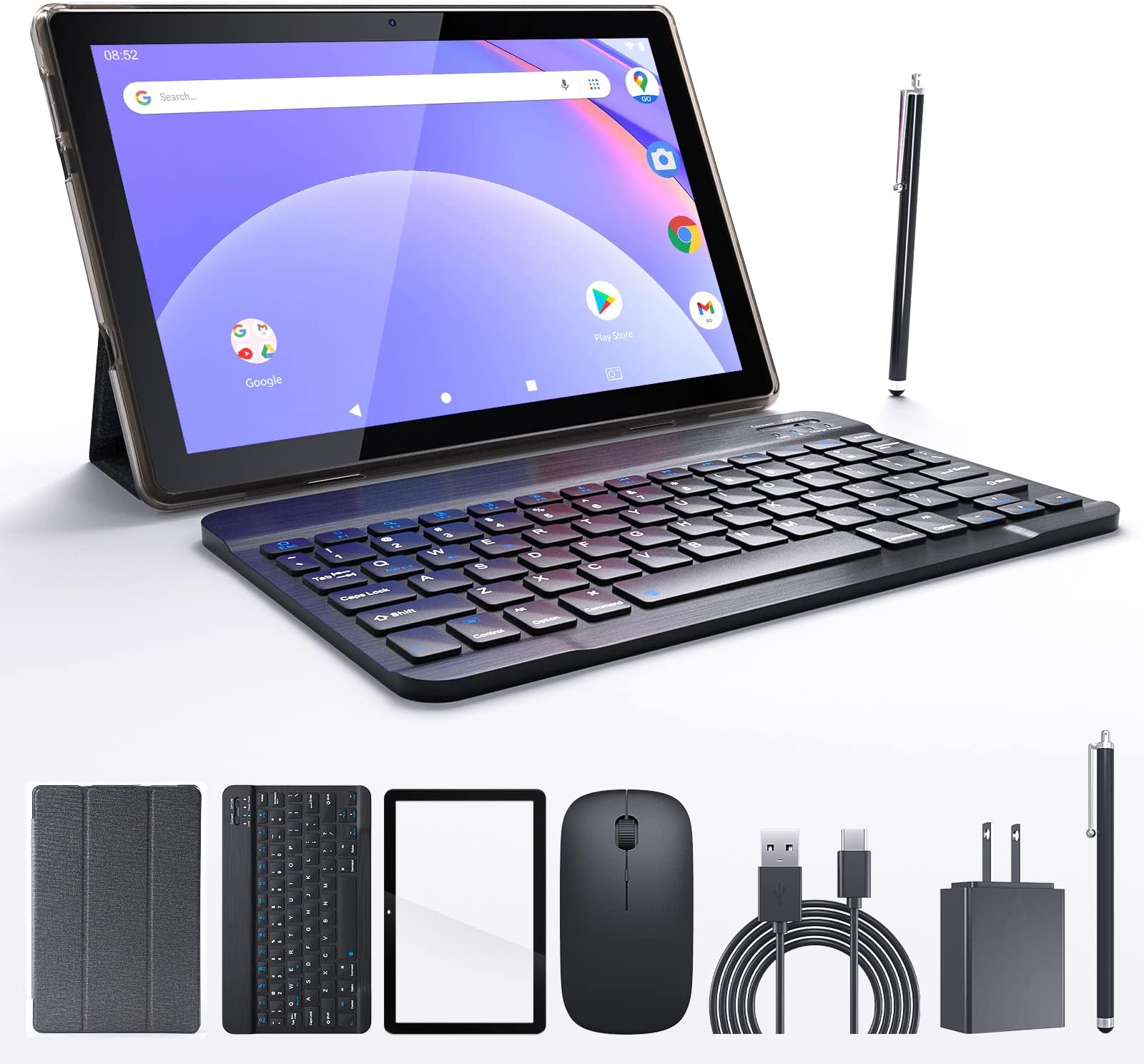 Android Tablet 10 Inch Tablets, 2 in 1 Tablet With Keyboard Include Mouse Case Stylus Tempered Film 5G Wifi Wifi6 128GB ROM+6GB RAM 10 IN IPS 8MP Camera 6000mAh Battery 10.1" FHD Android Tab Black