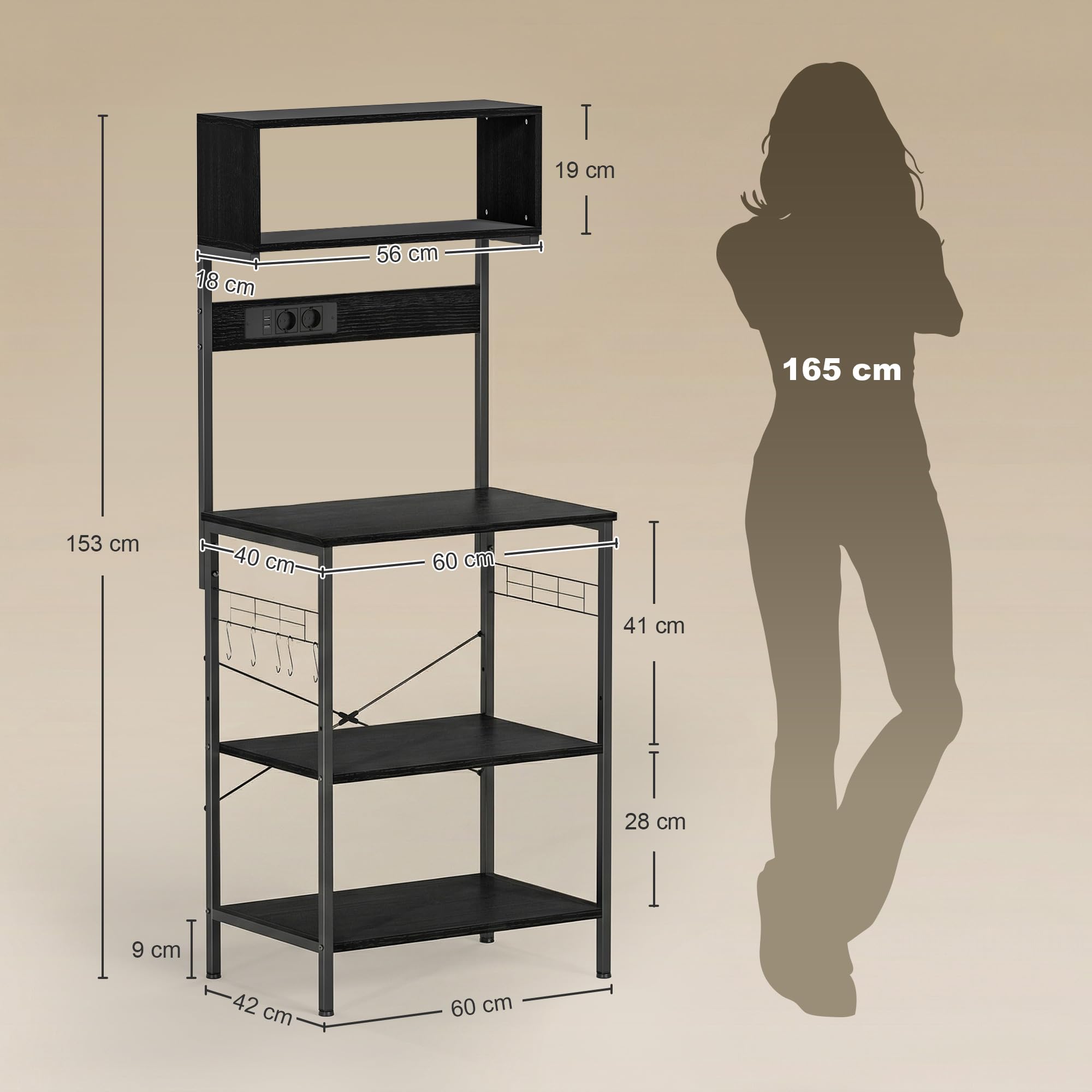 HOMCOM Scaffale da Cucina con Multipresa, Scaffale per Microonde con Ripiani e Ganci Stile Industriale, Mobile Cucina Vintage con Struttura in Acciaio, 60x42x153cm, Nero