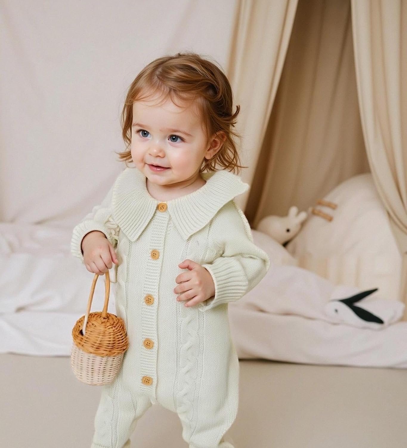 Hadetoto Newborn Baby Sweater Romper Knit Outfits Long Sleeve Jumpsuit with Warm Hat for Infant Boy Girl