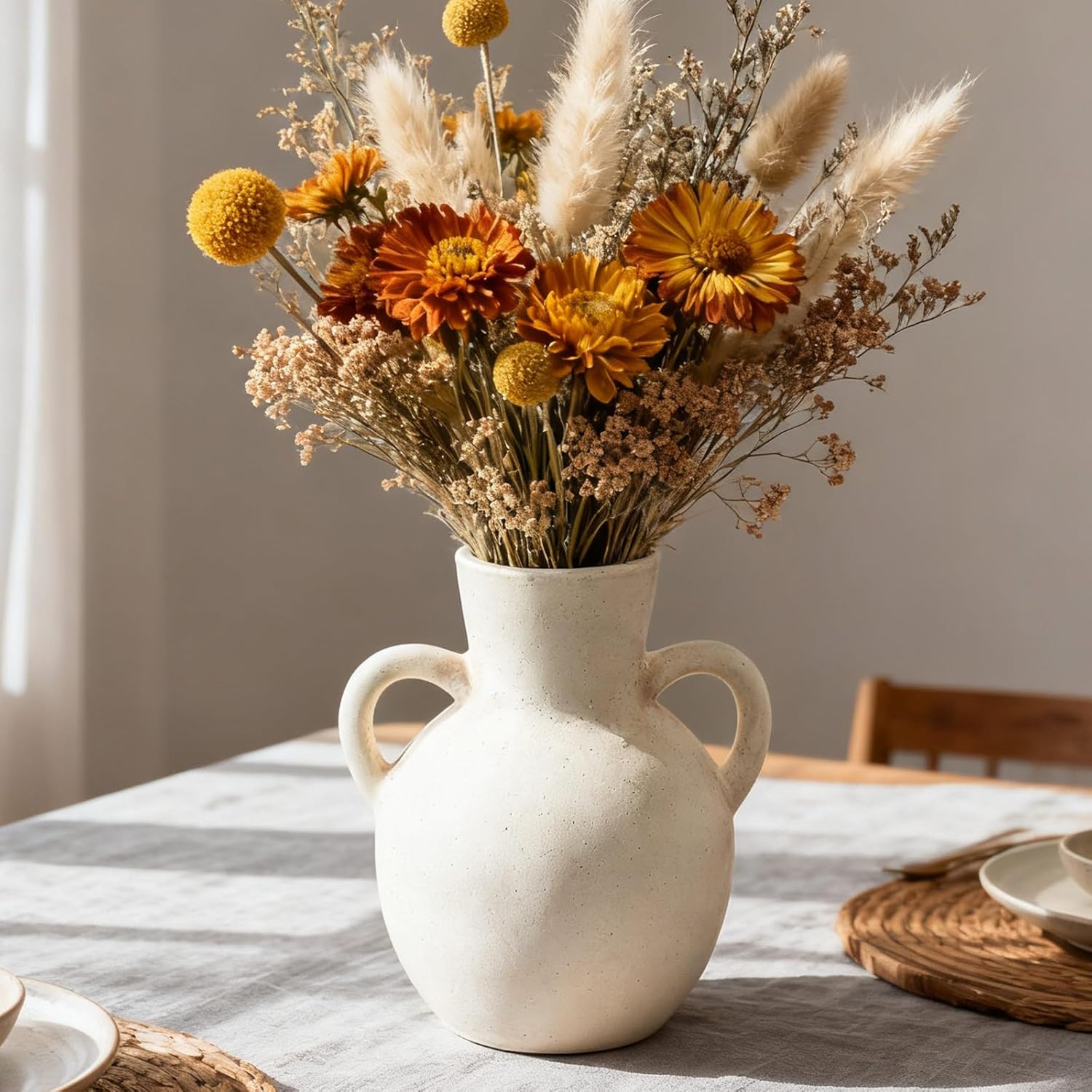 Rustic Ceramic Farmhouse Flower Vase with 2 Handles, Whitewashed Terra Cotta Vase, Decorative Pottery Flower for Home Decor, Table, Living Room, Shelf Decor, 7.3 Inch, White - Image 3