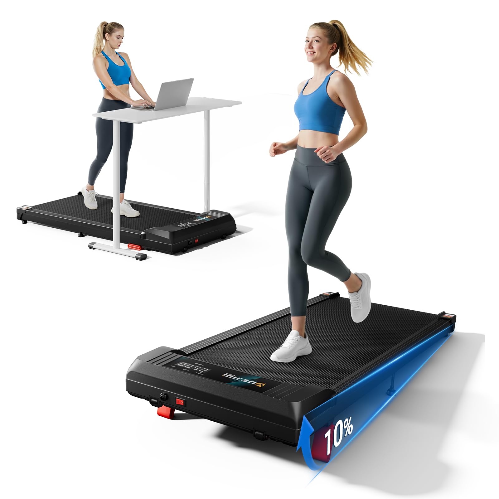YUEJIQI Walking Pad Under Desk Treadmill with Incline for Home Office, 2.5HP Portable Walking Pad Treadmill with 280 Lbs Weight Capacity, Remote Control, LED Display