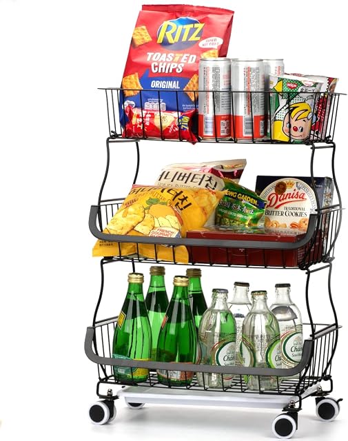 AyeVision 3 Tier Fruit Basket Stand Fruit Holder, Fruit and Vegetable Storage Cart Shelf, Wire Storage Basket Rack with Lockable Wheels Casters, Metal Stackable Cookware Organizer Shelf Storage Rack