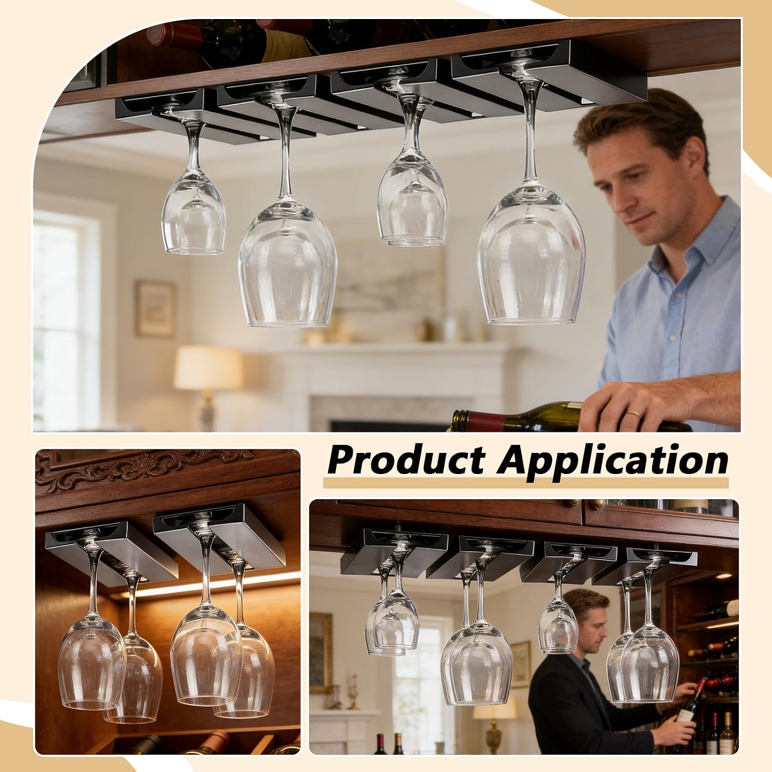 12 Pcs Under Cabinet Wine Glass Racks, Stemware Rack Glassware Drying Storage Hanger Wine Glass Hanger Hanging Stemware Rack for Kitchen Bar, Black