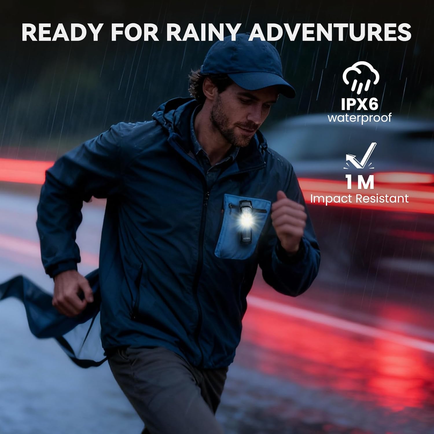 Sofirn ST10 being used in rainy conditions, highlighting its IPX6 waterproof and 1M impact resistant features.