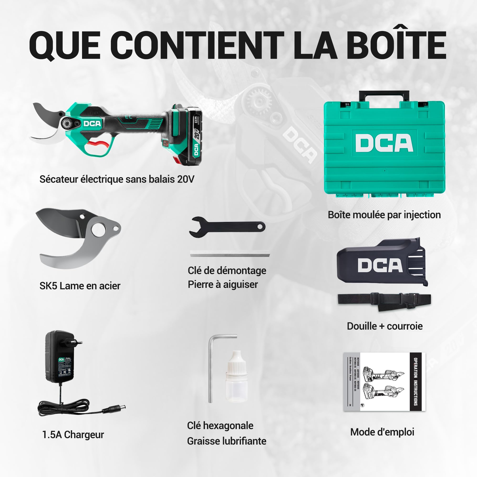 DCA Sécateur Électrique Sans fil 20V, max 35mm Secateur Electrique Moteur Sans Balais avec batterie 2,0Ah, lame SK5 avec étui de sécurité portable pour la taille jardinage vignoble arbres fruitiers