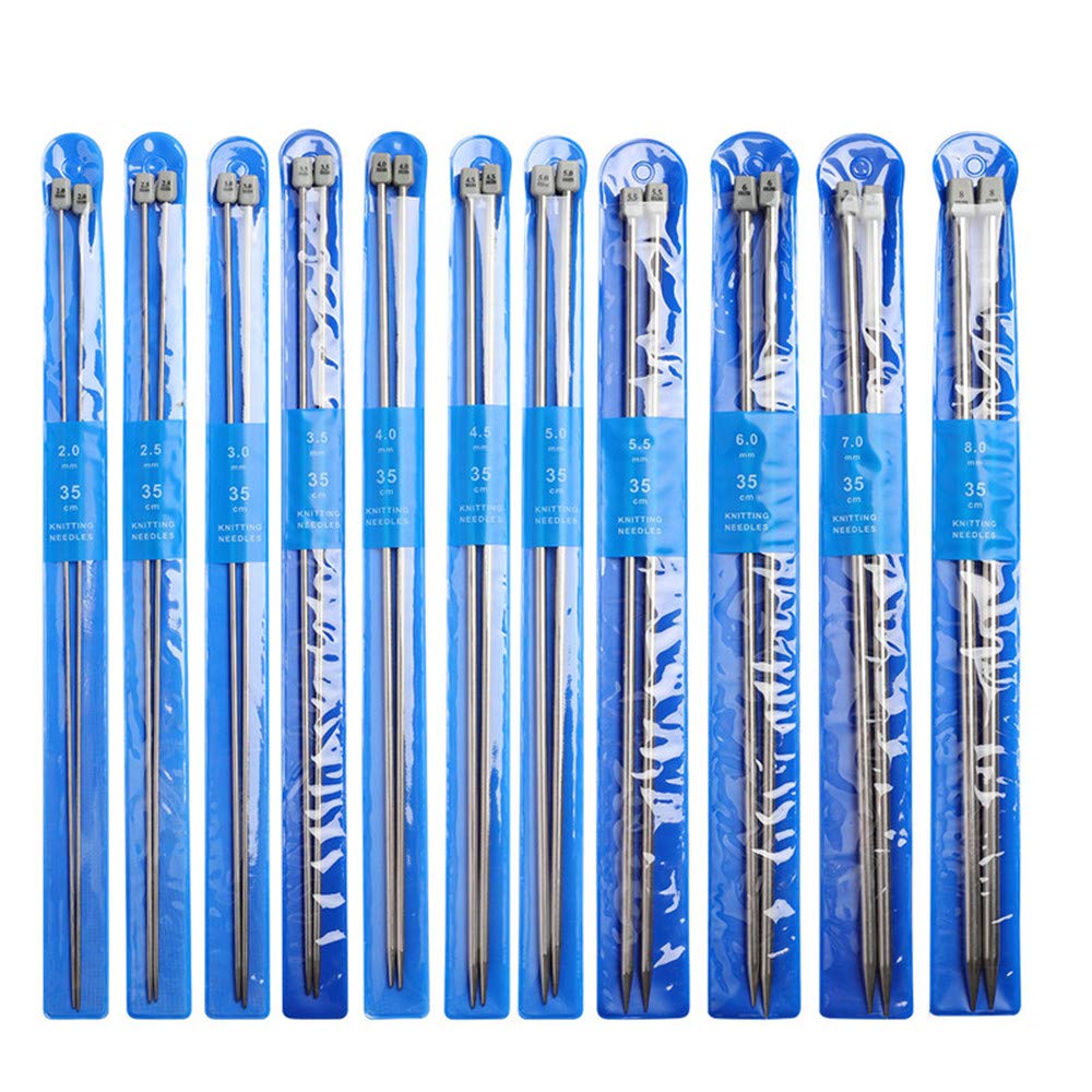 Zatyorg 22Pcs Knitting Needle Set Stainless Steel Single Pointed Circular Knitting Needles Kit Set Sweater Straight Needle In Different Sizes, 36Cm Length,11 Pairs