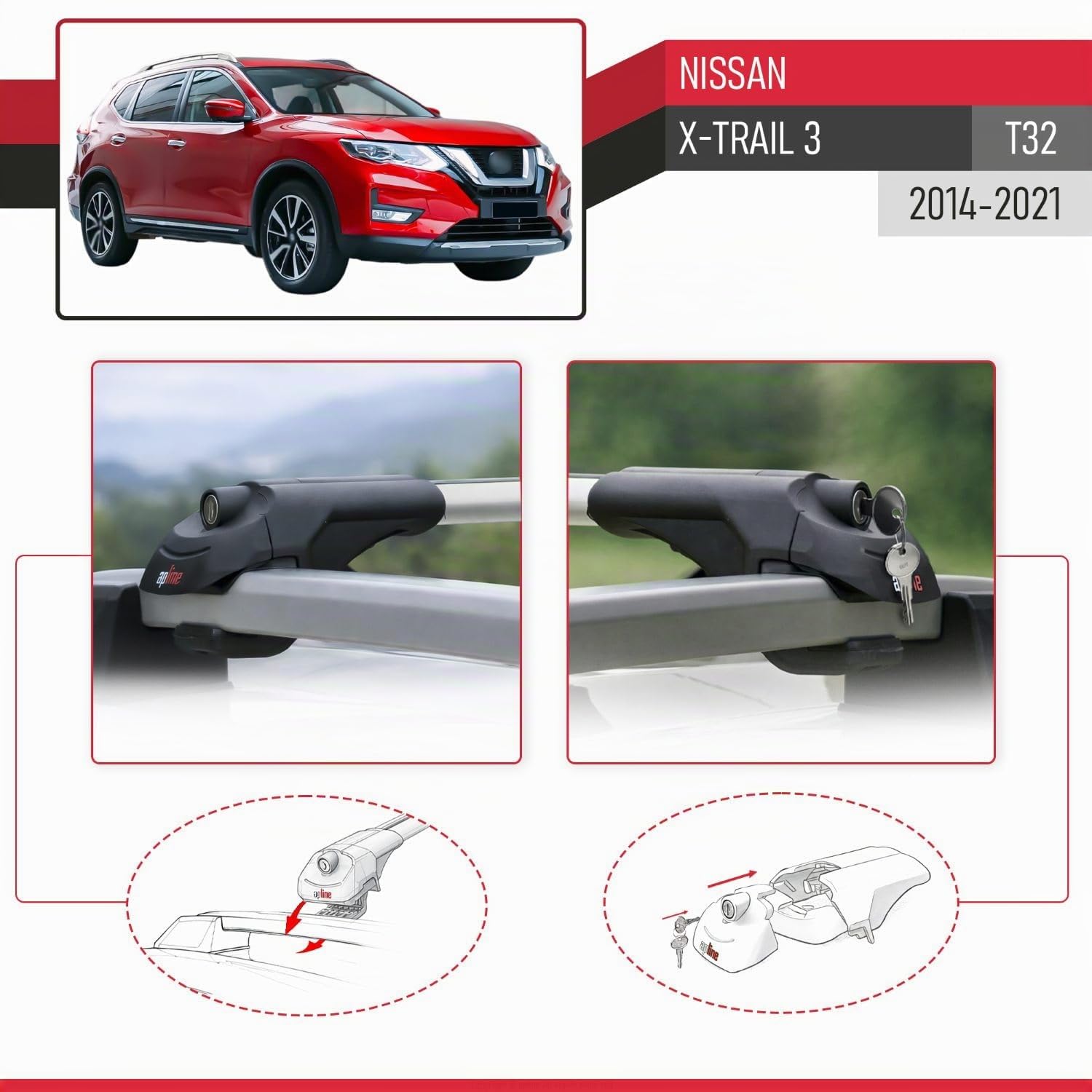 Compatibile con Nissan X-Trail 3 (T32) 2014-2021 Modello ACE-1 Barre Tetto Portapacchi Auto Barre Portatutto Grigio Alluminio 2 Barre