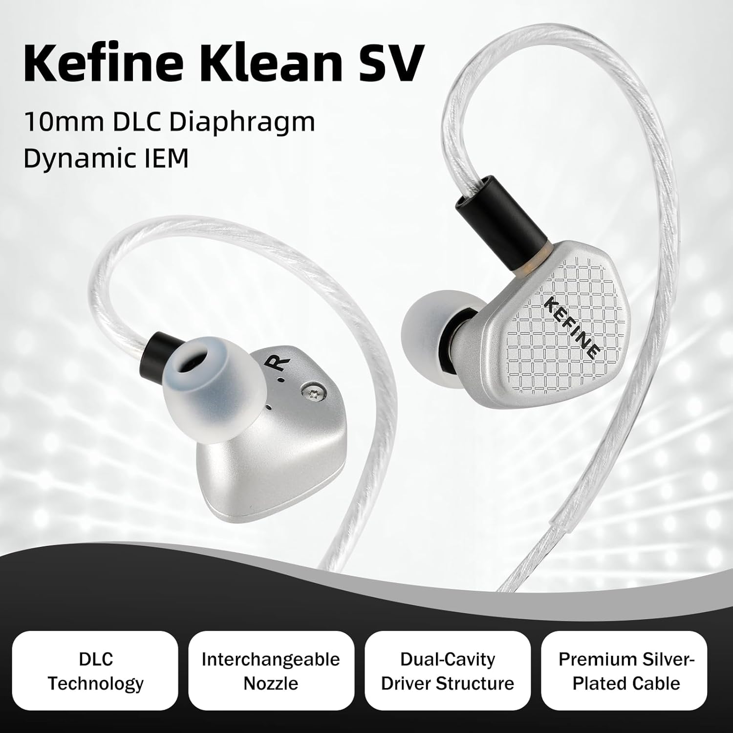 HiFiGo Kefine Klean SV in Ear Monitor,10mm DLC Diaphragm Dynamic Driver IEM HiFi Earphones,Wired Gaming Earbuds with Replaceable Nozzles,Detachable Silver-Plated Cable for Audiophile (3.5mm, Sliver)