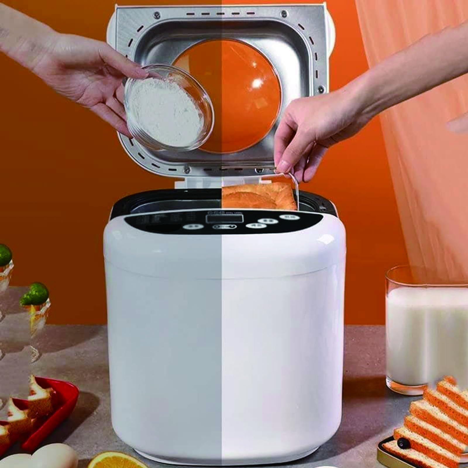 Máquina de pan 19 en 1, máquina para hornear tostadas para pasteles con sartén antiadherente, panel táctil LCD, 3 colores de pan, operación con un solo clic, extensión de nueces totalmente automática