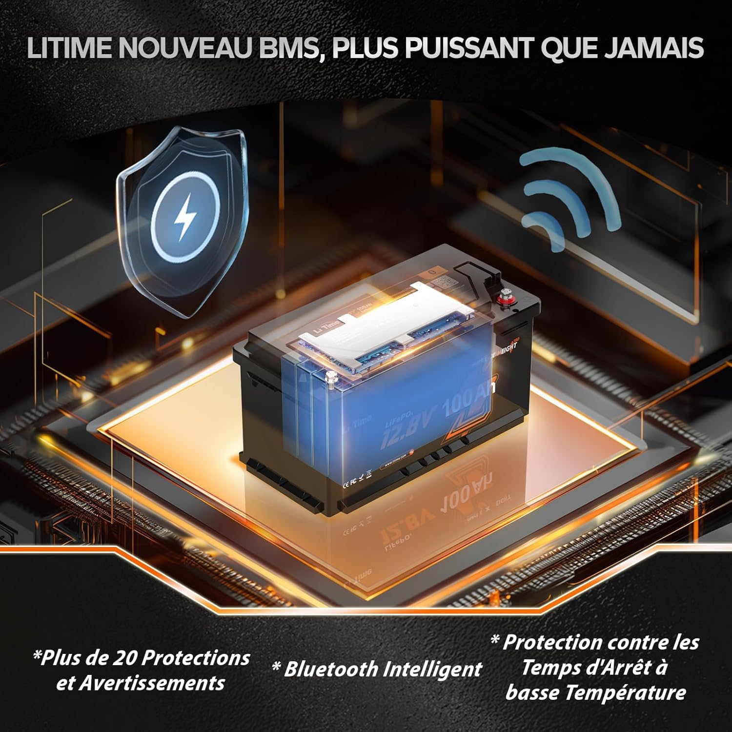 LiTime Batterie Lithium LiFePO4 12V 100Ah H190 avec Bluetooth pour Sièges de Camping-Cars: DIN H8 L5, 4000-15000 Cycles Profonds, Énergie 1280Wh, sans Entretien pour Caravane, RVs, Système Solaire
