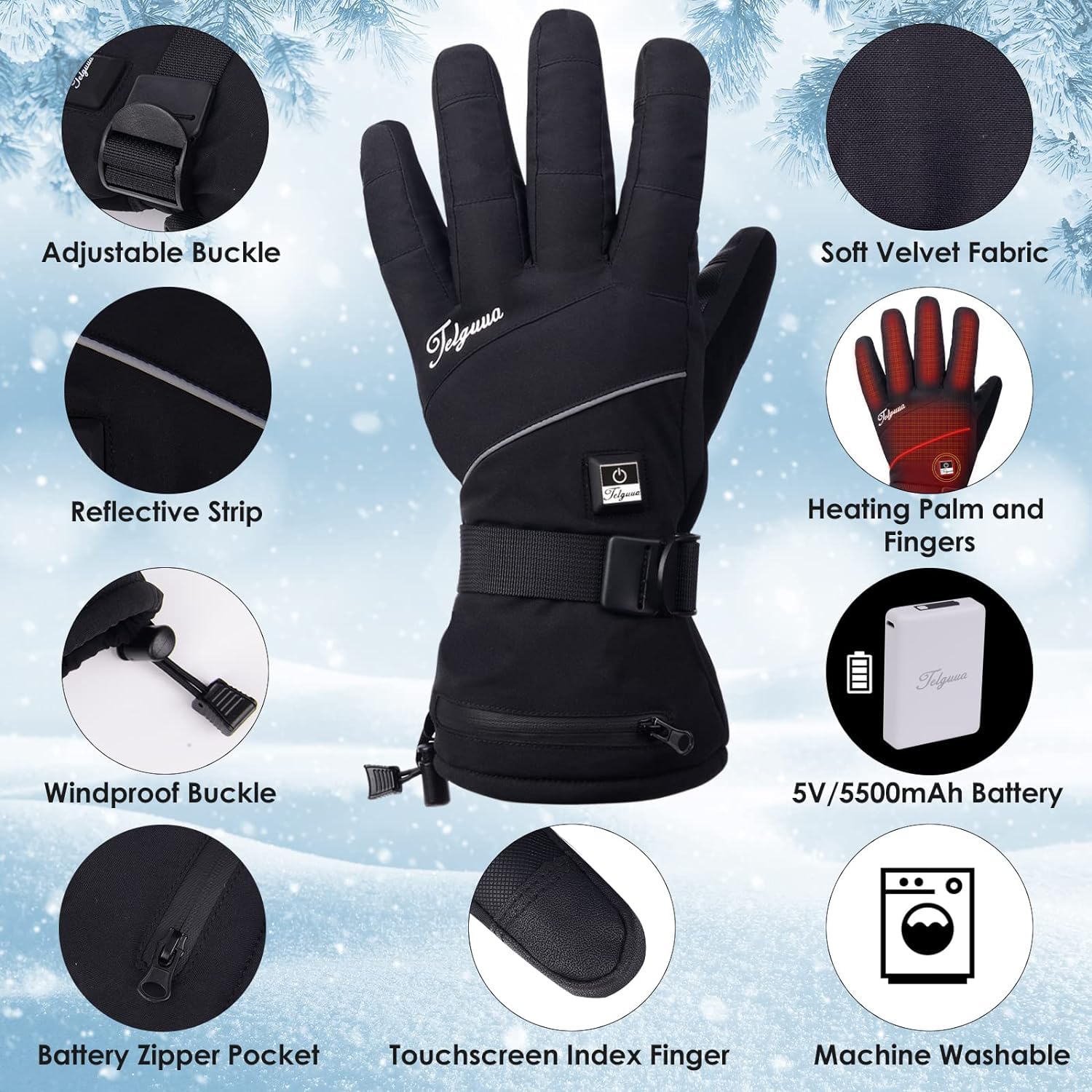 Gants Chauffants pour Femme et Homme,Touchables à l’écran Gants Chauffants avec Batterie Rechargeable 5500mAh, 3 Températures Réglables, Gants Chauffants pour Moto, Cyclisme, Ski