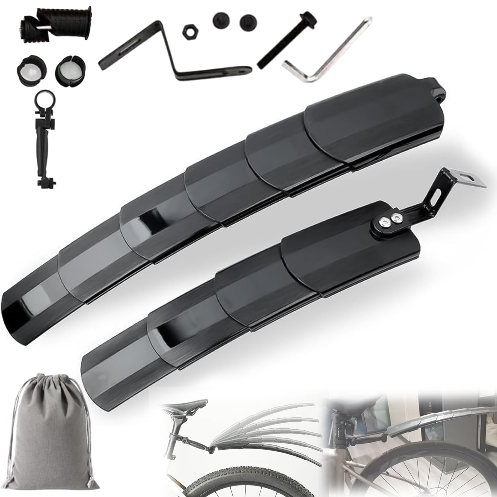 Gienslru Retractable Bike Mudguards, Adjustable Front Rear Retractable for Bike Mudguard Set, Portable Foldable Front Rear Mudguards, Universal Fit Rain Splash Protection, Easy Installation (1pc)
