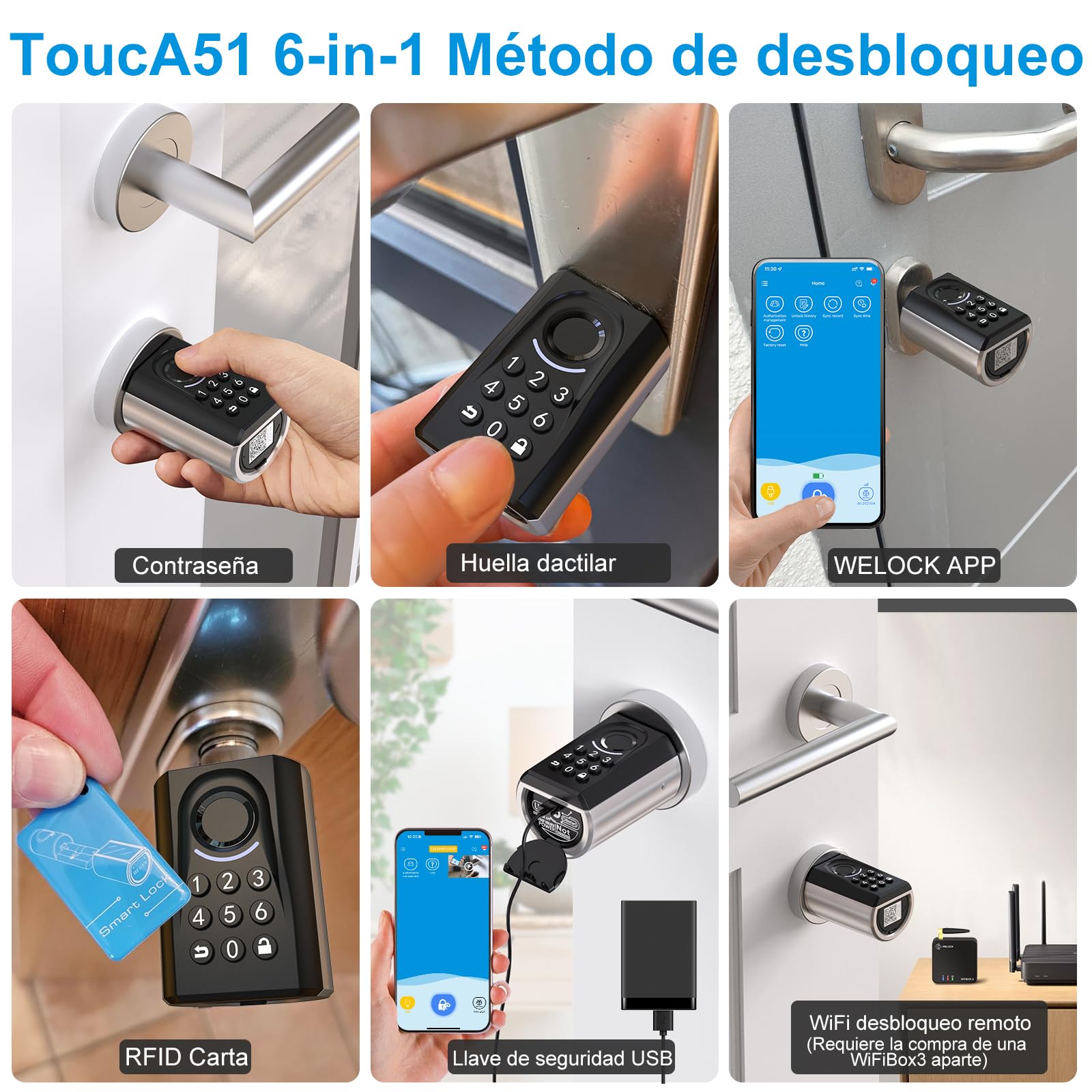 WELOCK ToucA51 Cerradura inteligente,Cerradura con huella digital,Código,Tarjeta RFID,APP,Cerradura Electronica WiFi,Smart Lock IP65,Fácil de Instalar,cerradura inteligente puerta exterior de 30-70mm