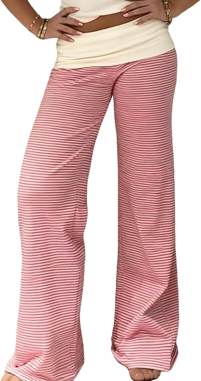 Women Y2K Fold Over Yoga Pants Elastic Low Waist Contrast Color Straight Wide Leg Soft Sweatpants - Image 2