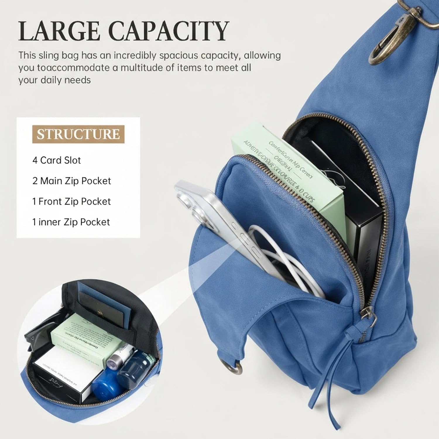 FaroDor Women Small Crossbody Sling Bags PU Leather Suede Chest Bag Lightweight Small Backpack for Casual Traveling Multi-Pocket Packs (Blue) - Image 4