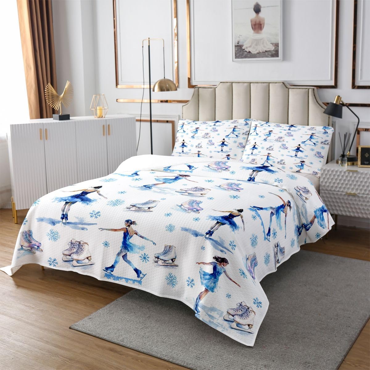 jejeloiu Ice Skating Bedspread 2 Pieces Twin Size Cartoon Snowflake Dreamy Coverlet Set Soft Cozy Ice Skates Figure Skating Romantic Sports Quilted Coverlet for All Season with 1 Pillowcase
