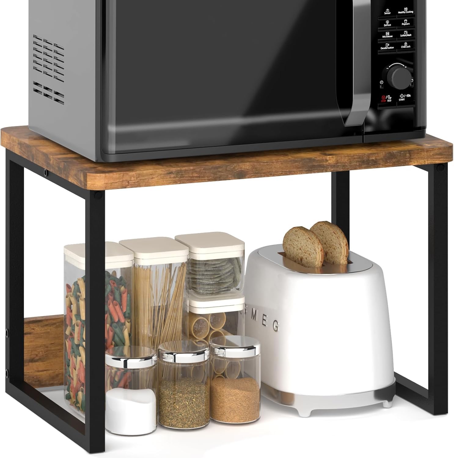 Microwave Oven Stand Rustic Brown | Metal & Wood Kitchen Storage Rack | Multifunction Countertop Organizer for Microwave, Toaster & Appliances (17 x 12.4 x 12 Inch)-image-22